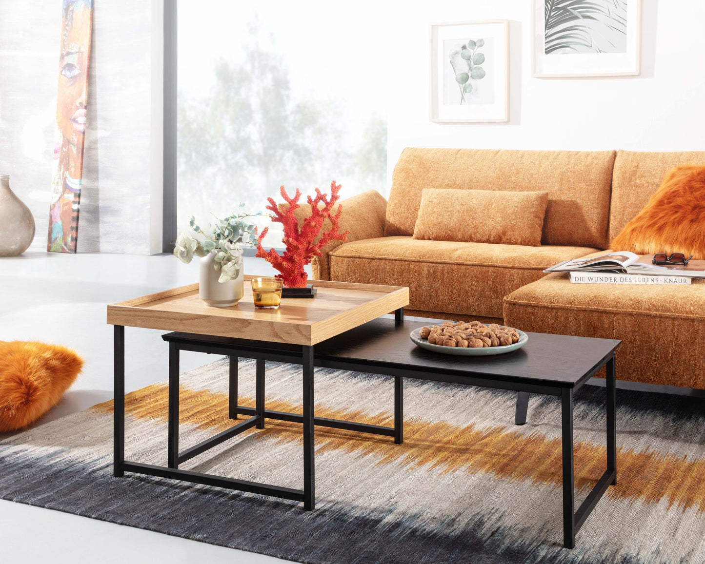 Couchtisch 2er Set Holz Metall Sofatisch Eckig Eiche Schwarz Modern Beistelltisch 2 teilig Design Wohnzimmertische Holztisch Satztische