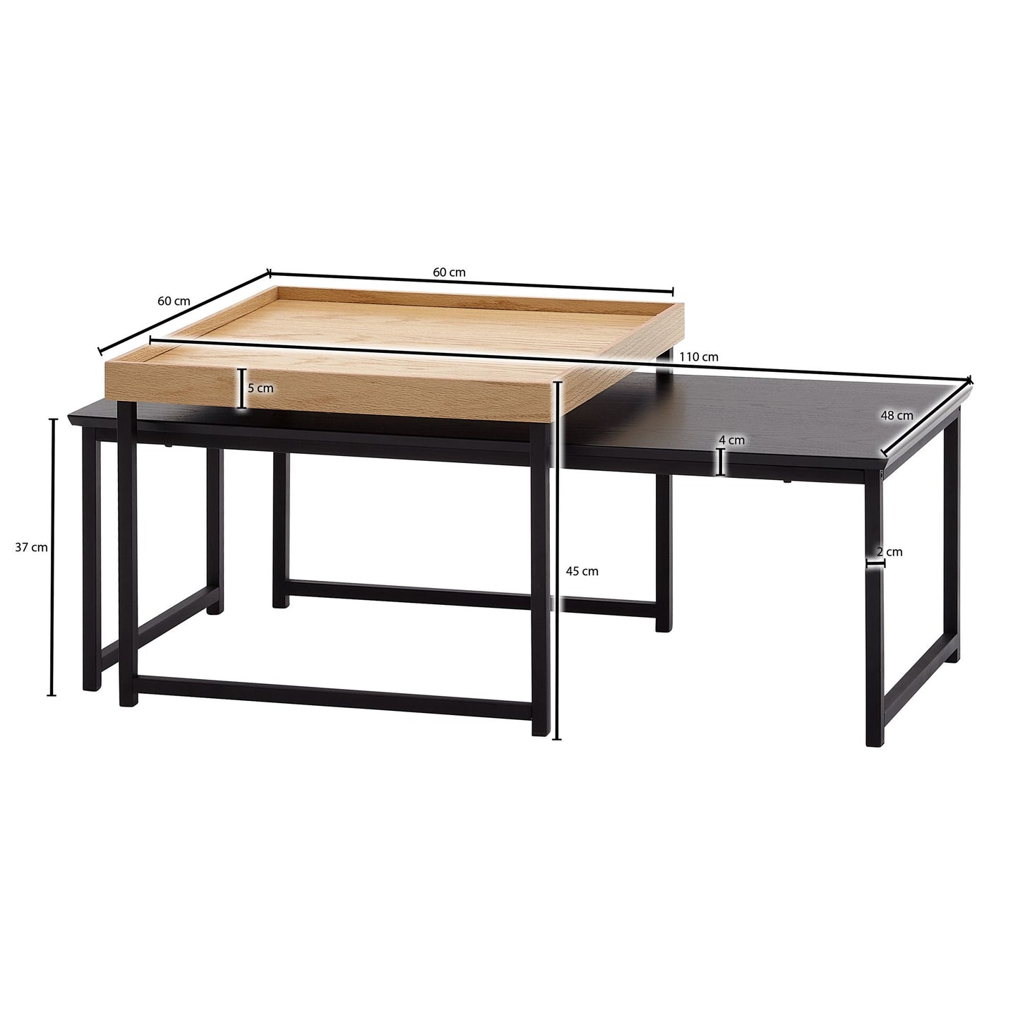 Couchtisch 2er Set Holz Metall Sofatisch Eckig Eiche Schwarz Modern Beistelltisch 2 teilig Design Wohnzimmertische Holztisch Satztische