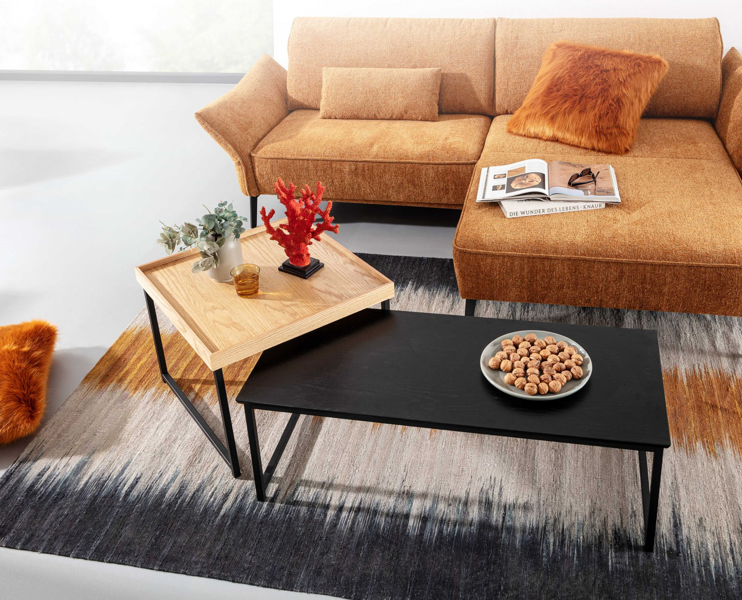 Couchtisch 2er Set Holz Metall Sofatisch Eckig Eiche Schwarz Modern Beistelltisch 2 teilig Design Wohnzimmertische Holztisch Satztische