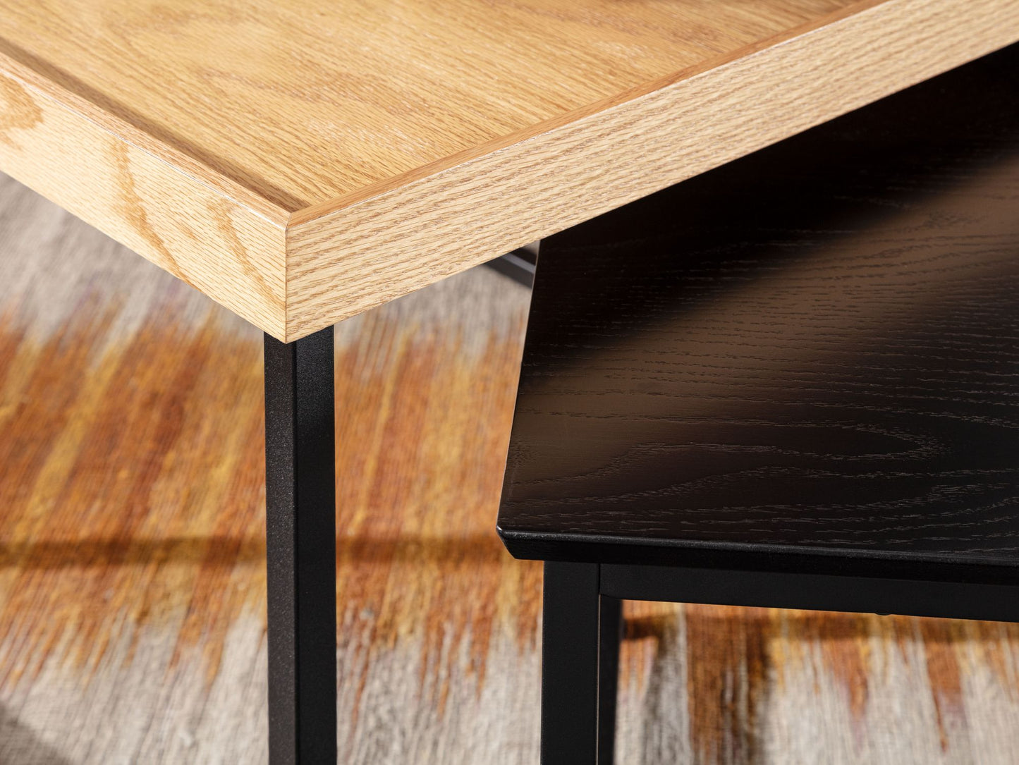 Couchtisch 2er Set Holz Metall Sofatisch Eckig Eiche Schwarz Modern Beistelltisch 2 teilig Design Wohnzimmertische Holztisch Satztische
