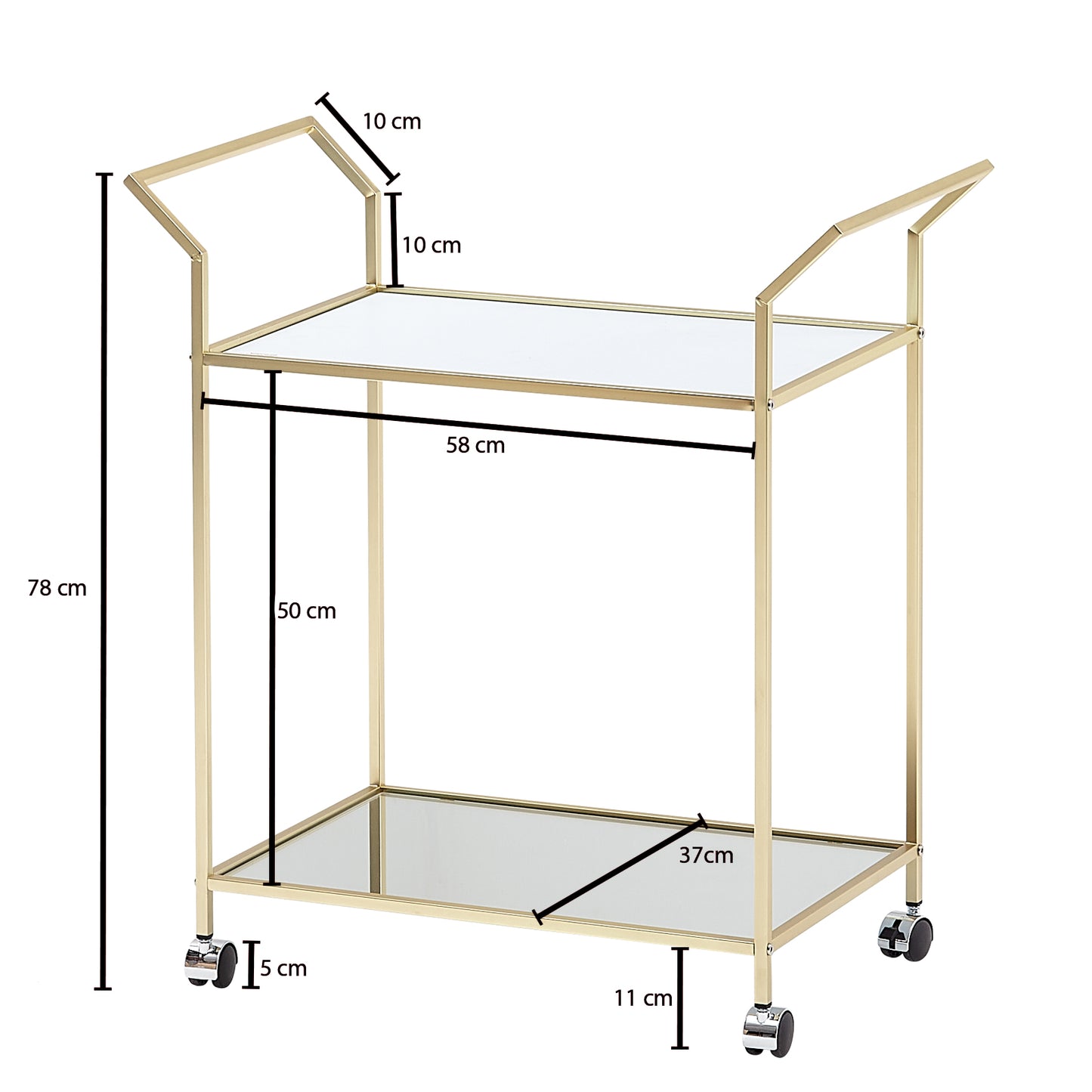 Design Servierwagen Gold 73 mal 78 mal 37 cm Kuechenwagen Glas Metall Mobiler Beistelltisch Speisewagen mit Glasplatte Teewagen Mini Bar auf 4 Rollen