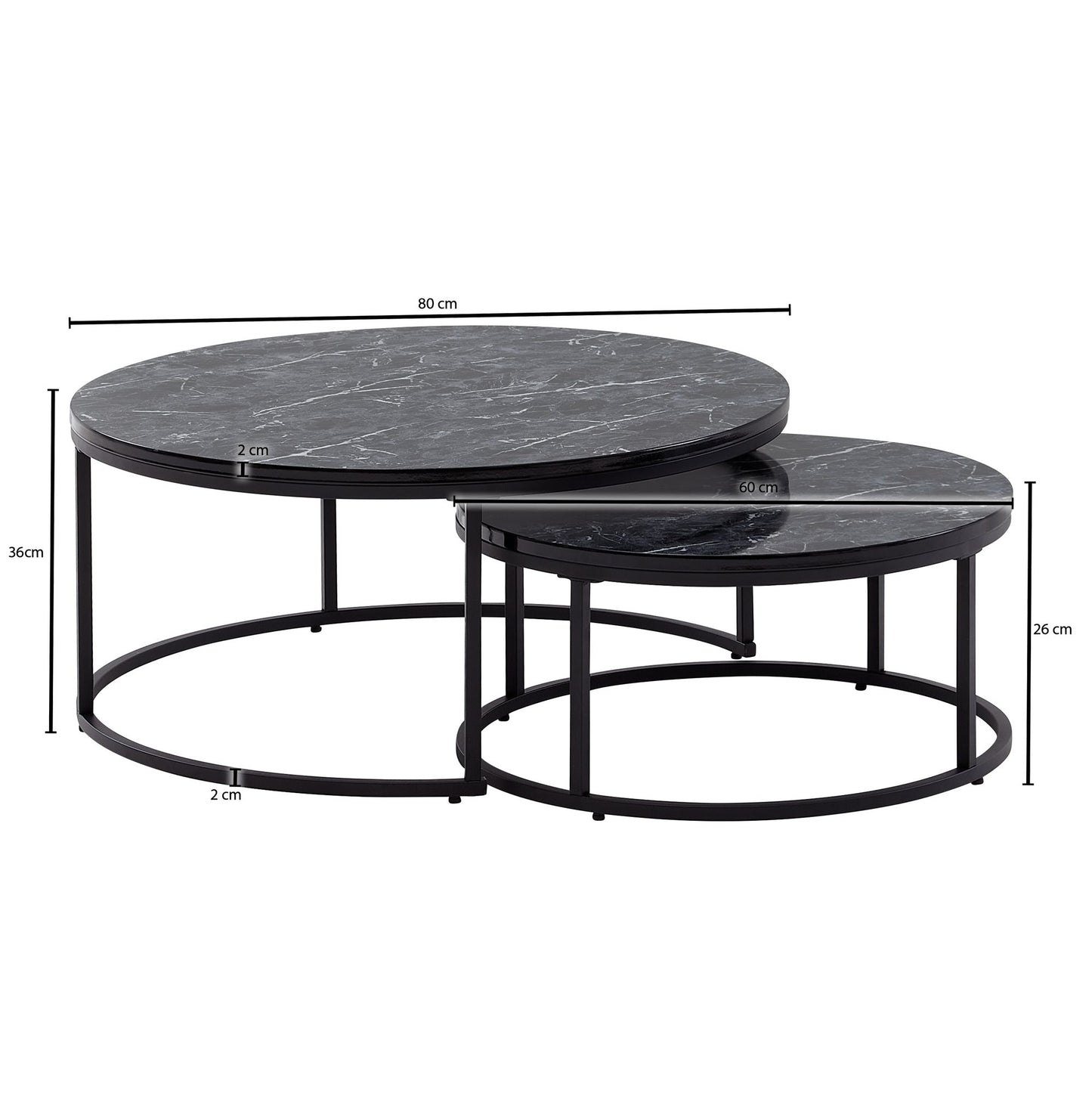 Couchtisch 2er Set Schwarz Marmor Optik Sofatisch Rund Modern Beistelltisch 2 teilig Metall Runde Wohnzimmertische Design Satztische