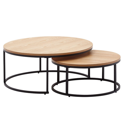 Couchtisch 2er Set Holz Metall Sofatisch Rund Eiche Modern Design Beistelltisch 2 teilig Runde Wohnzimmertische Holztisch Satztische
