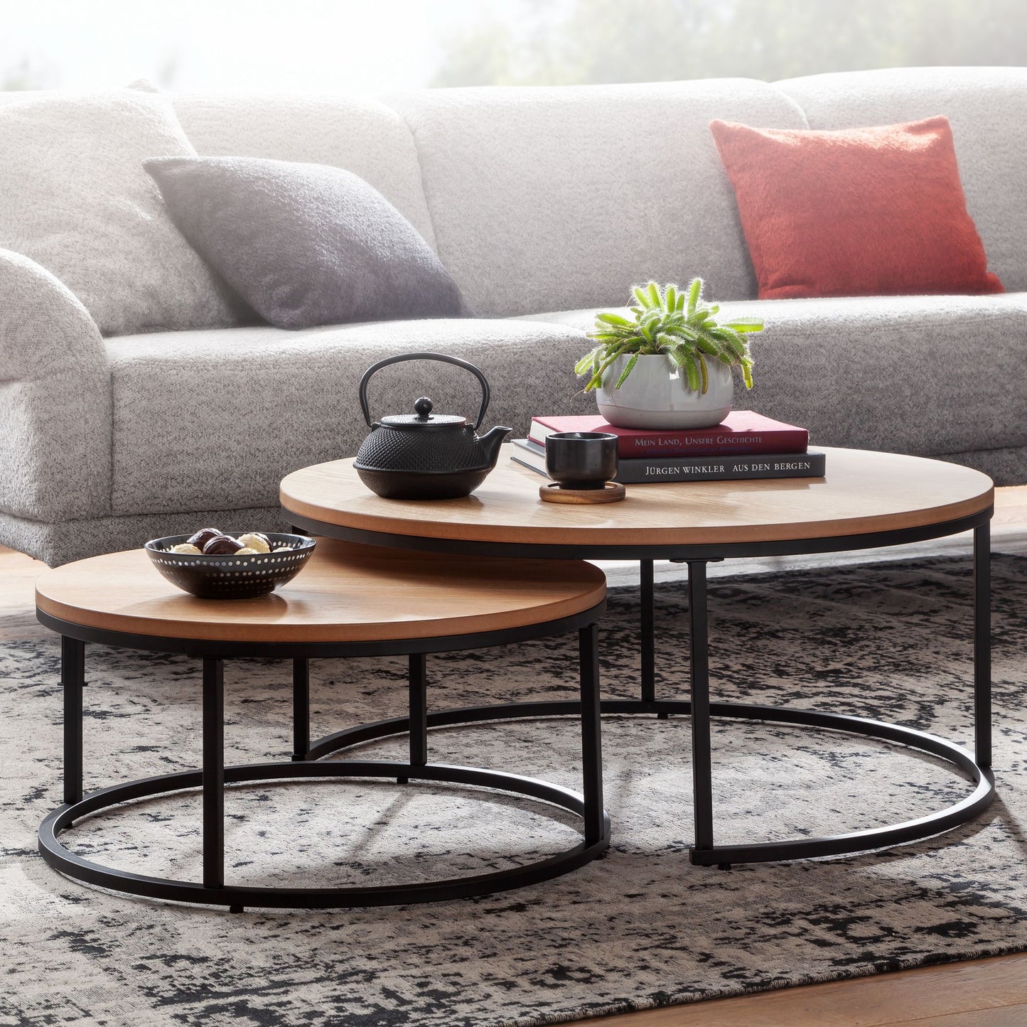 Couchtisch 2er Set Holz Metall Sofatisch Rund Eiche Modern Design Beistelltisch 2 teilig Runde Wohnzimmertische Holztisch Satztische