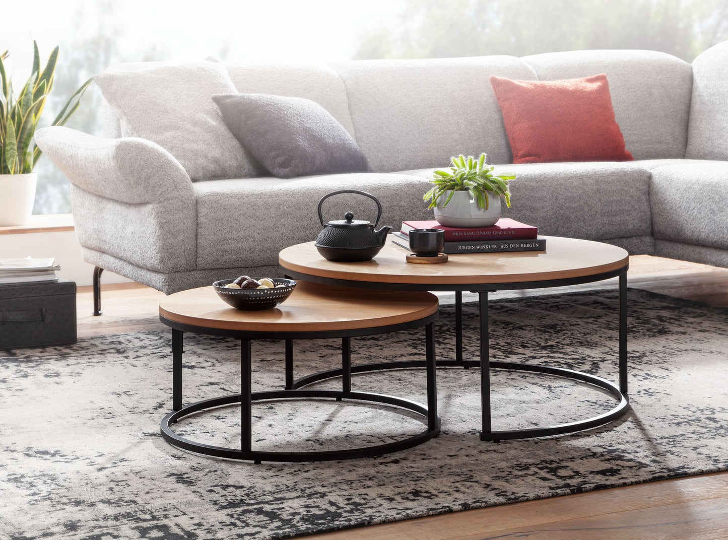 Couchtisch 2er Set Holz Metall Sofatisch Rund Eiche Modern Design Beistelltisch 2 teilig Runde Wohnzimmertische Holztisch Satztische