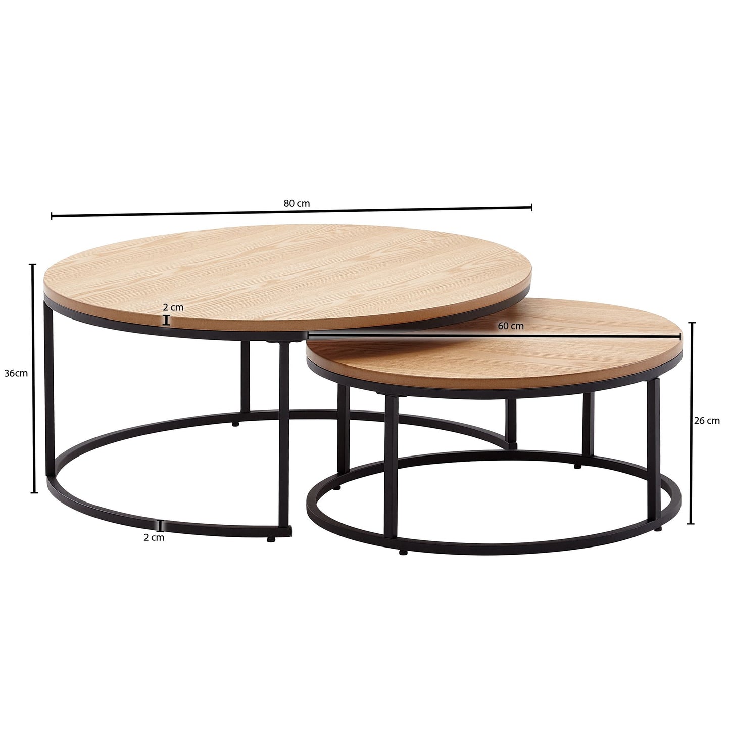 Couchtisch 2er Set Holz Metall Sofatisch Rund Eiche Modern Design Beistelltisch 2 teilig Runde Wohnzimmertische Holztisch Satztische