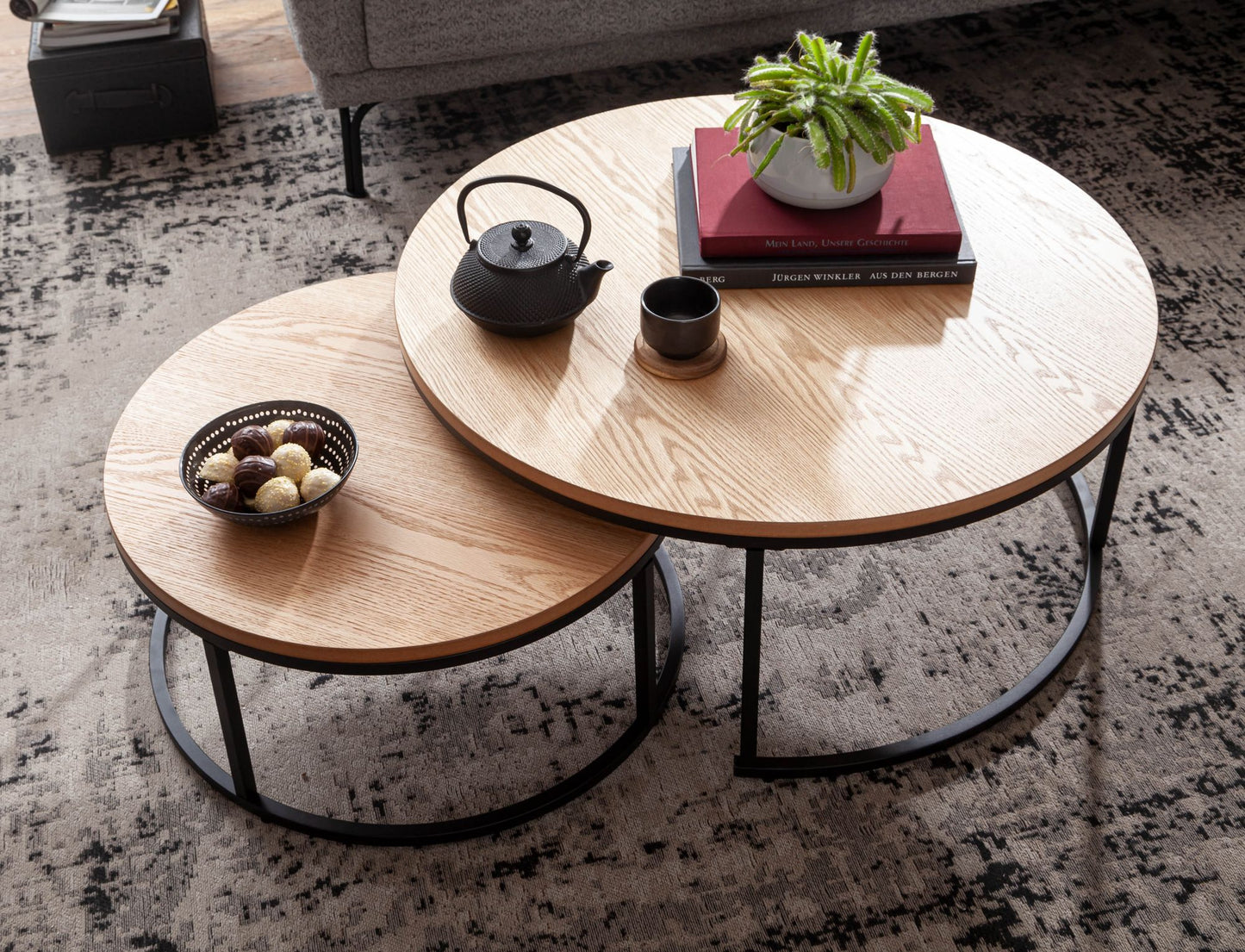 Couchtisch 2er Set Holz Metall Sofatisch Rund Eiche Modern Design Beistelltisch 2 teilig Runde Wohnzimmertische Holztisch Satztische