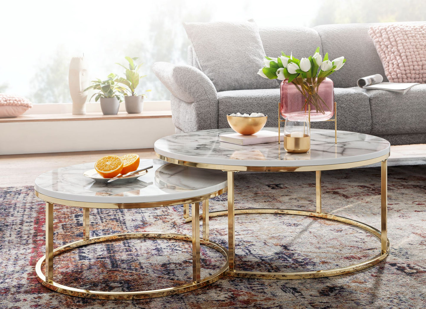 Couchtisch 2er Set Weiss Gold Marmor Optik Sofatisch Rund Modern Couchtische 2 teilig Metall Runde Wohnzimmertische Design Satztische