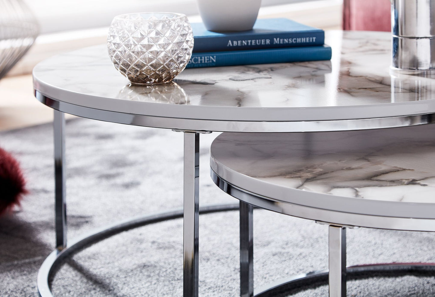 Couchtisch 2er Set Weiss Silber Marmor Optik Sofatisch Rund Modern Beistelltisch 2 teilig Metall Runde Wohnzimmertische Design Satztische