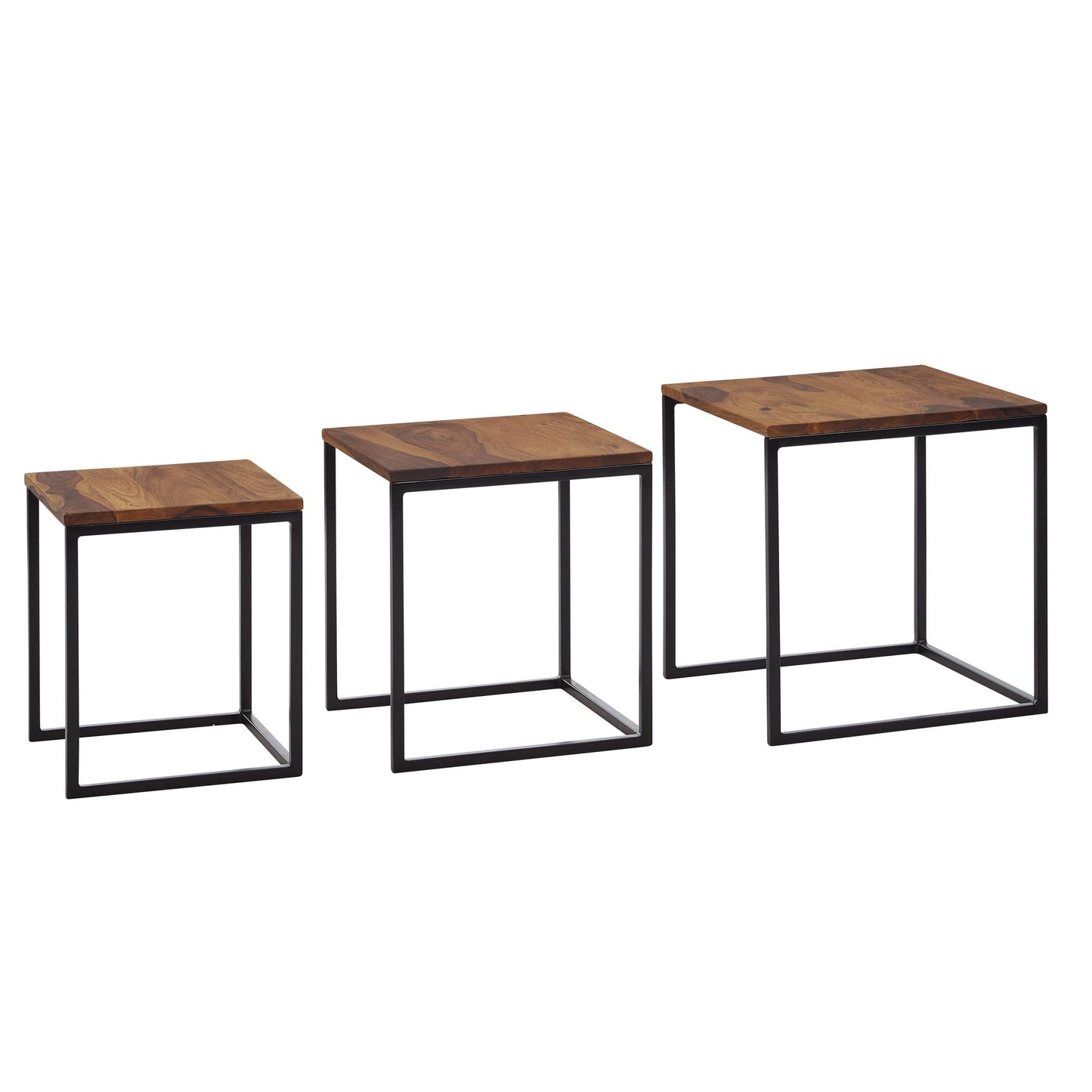 Satztisch 3er Set Sheesham Massivholz Metall Beistelltisch Eckig Modern Design Couchtisch 3 teilig Wohnzimmertisch Platzsparend Holztisch Kaffeetisch Wohnzimmer