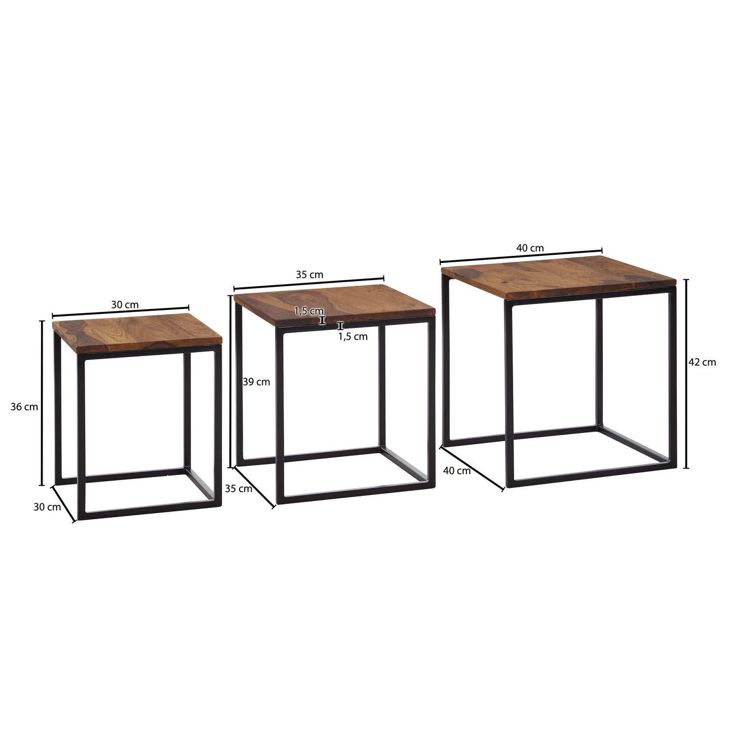 Satztisch 3er Set Sheesham Massivholz Metall Beistelltisch Eckig Modern Design Couchtisch 3 teilig Wohnzimmertisch Platzsparend Holztisch Kaffeetisch Wohnzimmer