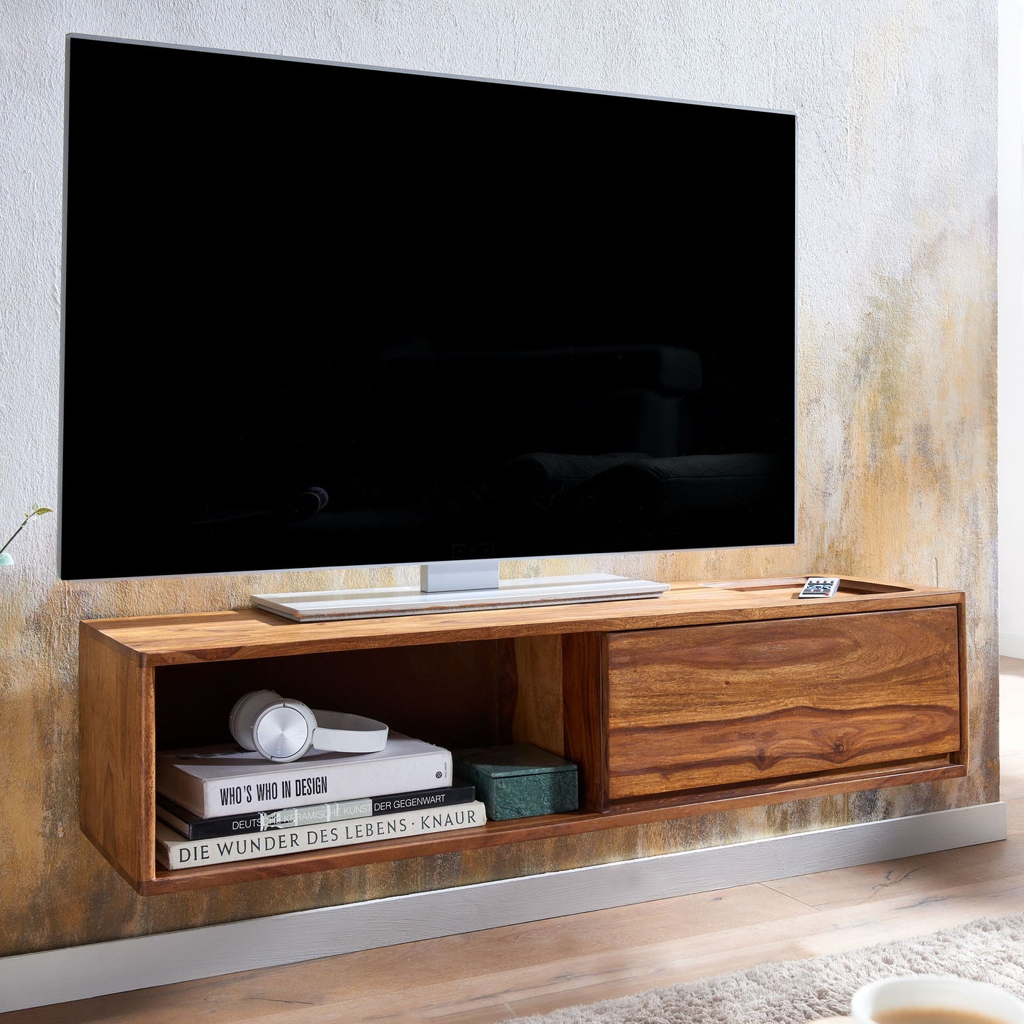 Lowboard Haengend Sheesham Massivholz 108 mal 25 mal 34 cm TV Schrank Braun Design Fernsehtisch mit Stauraum Fernsehschrank Wand Modern TV Kommode Fernsehkommode zum Aufhaengen