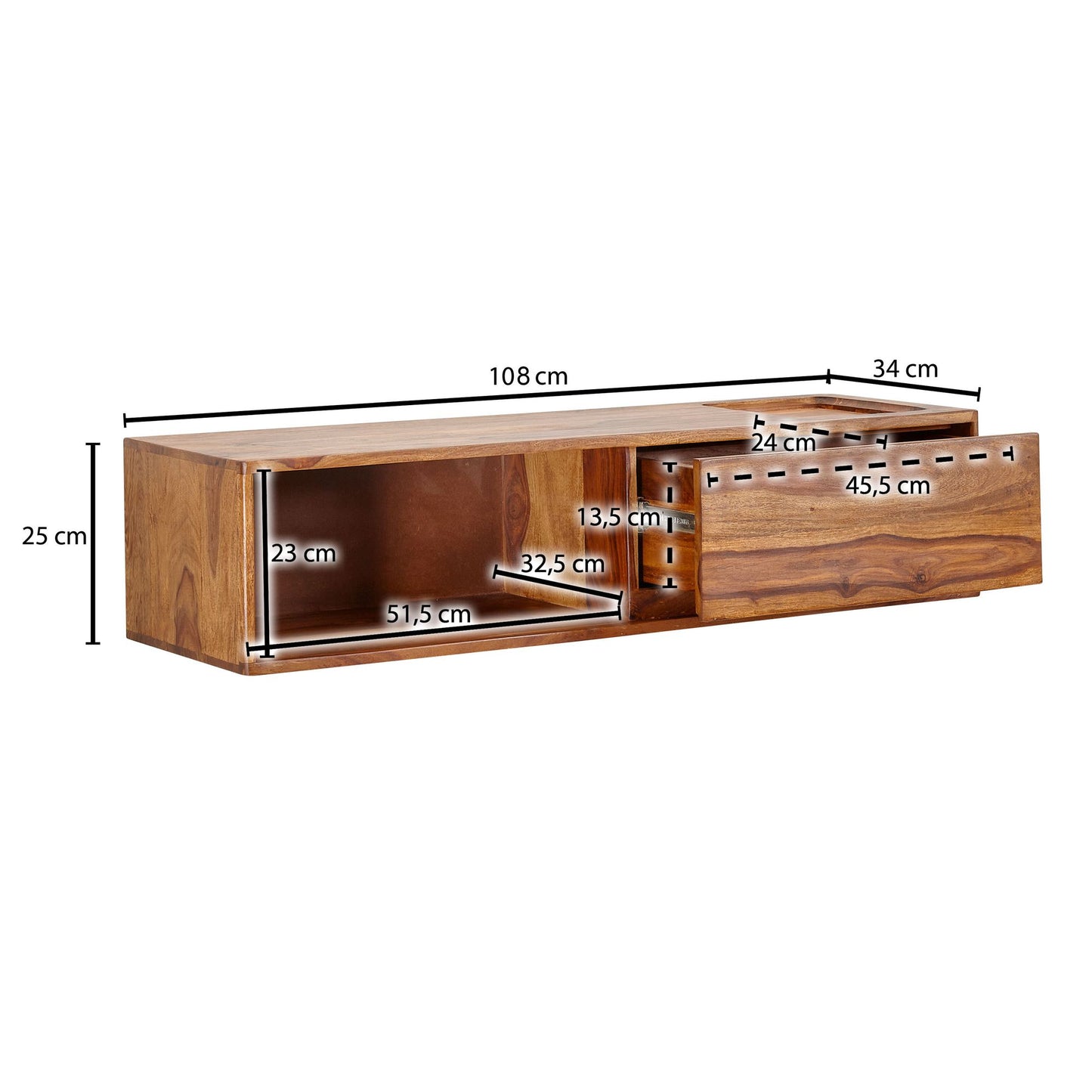 Lowboard Haengend Sheesham Massivholz 108 mal 25 mal 34 cm TV Schrank Braun Design Fernsehtisch mit Stauraum Fernsehschrank Wand Modern TV Kommode Fernsehkommode zum Aufhaengen