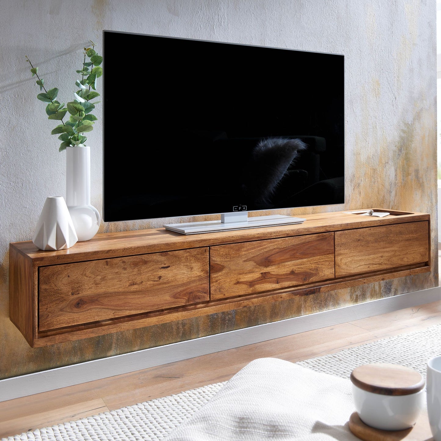 Lowboard Haengend Sheesham Massivholz 160 mal 25 mal 35 cm TV Schrank Braun Design Fernsehtisch mit Stauraum Fernsehschrank Wand Modern TV Kommode Fernsehkommode zum Aufhaengen