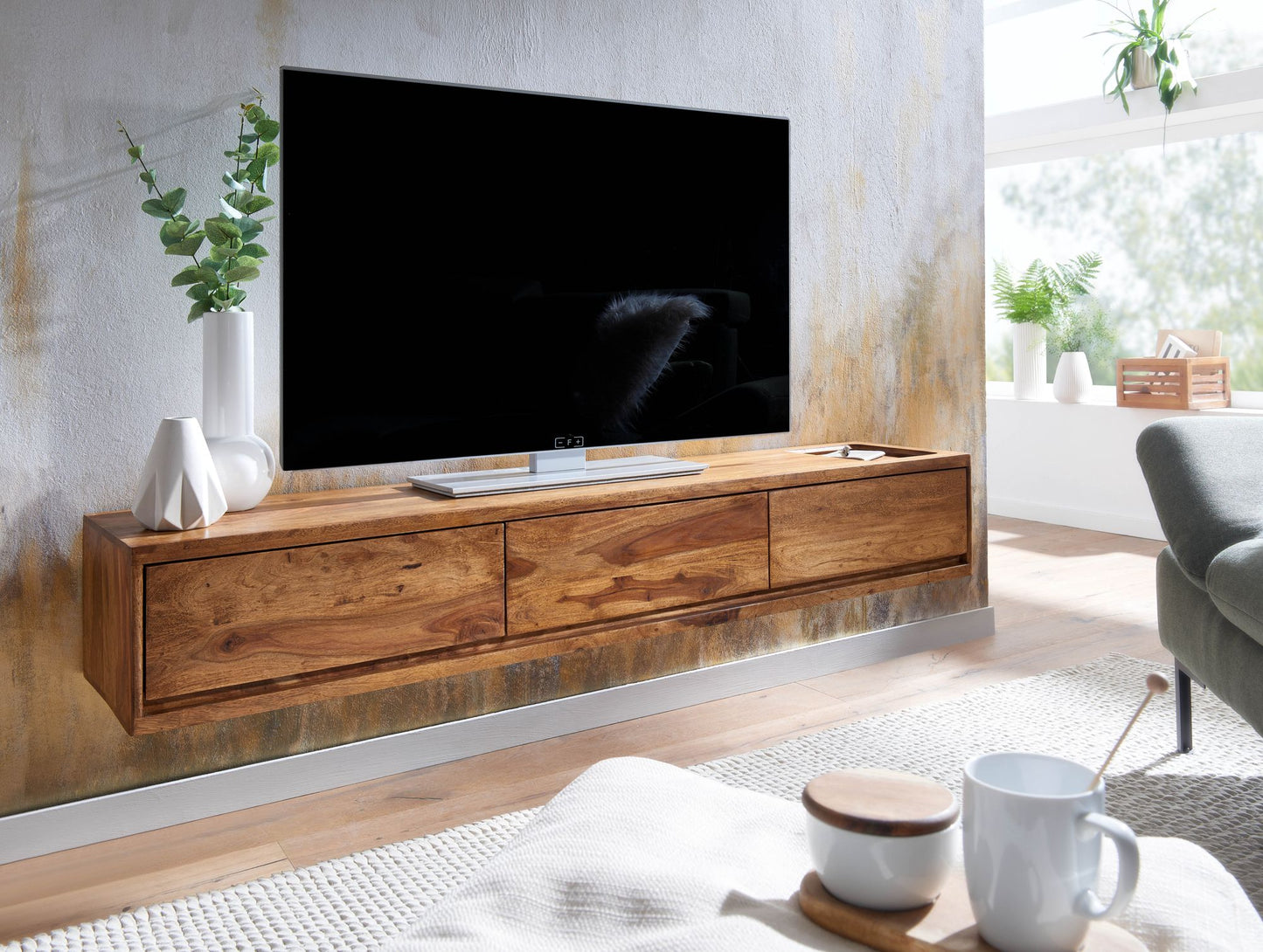 Lowboard Haengend Sheesham Massivholz 160 mal 25 mal 35 cm TV Schrank Braun Design Fernsehtisch mit Stauraum Fernsehschrank Wand Modern TV Kommode Fernsehkommode zum Aufhaengen