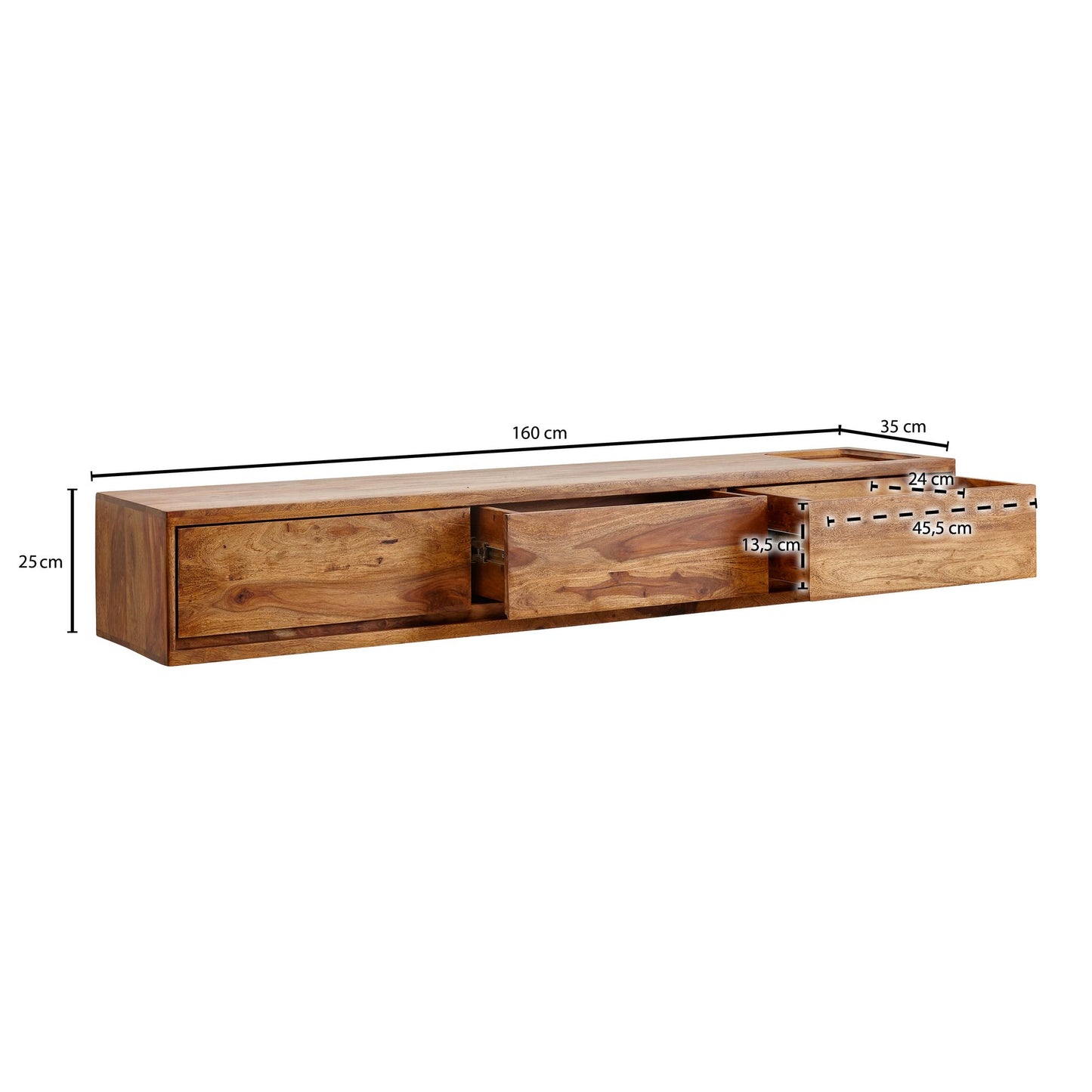 Lowboard Haengend Sheesham Massivholz 160 mal 25 mal 35 cm TV Schrank Braun Design Fernsehtisch mit Stauraum Fernsehschrank Wand Modern TV Kommode Fernsehkommode zum Aufhaengen