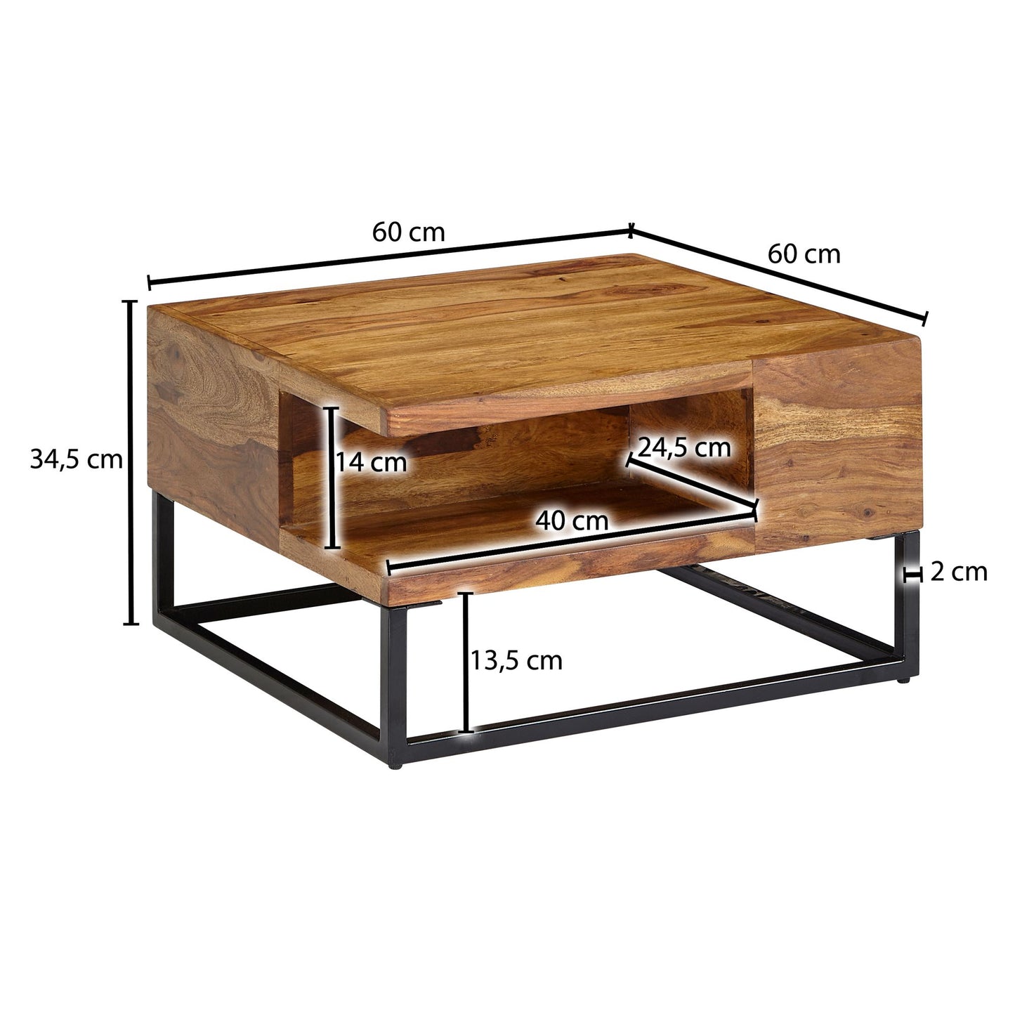 Couchtisch 60 mal 60 mal 34 5 cm Sheesham Massivholz Metall Sofatisch Eckig Wohnzimmertisch mit Stauraum Kaffeetisch Massiv Kleiner Tisch Beistelltisch Wohnzimmer Modern Quadratisch