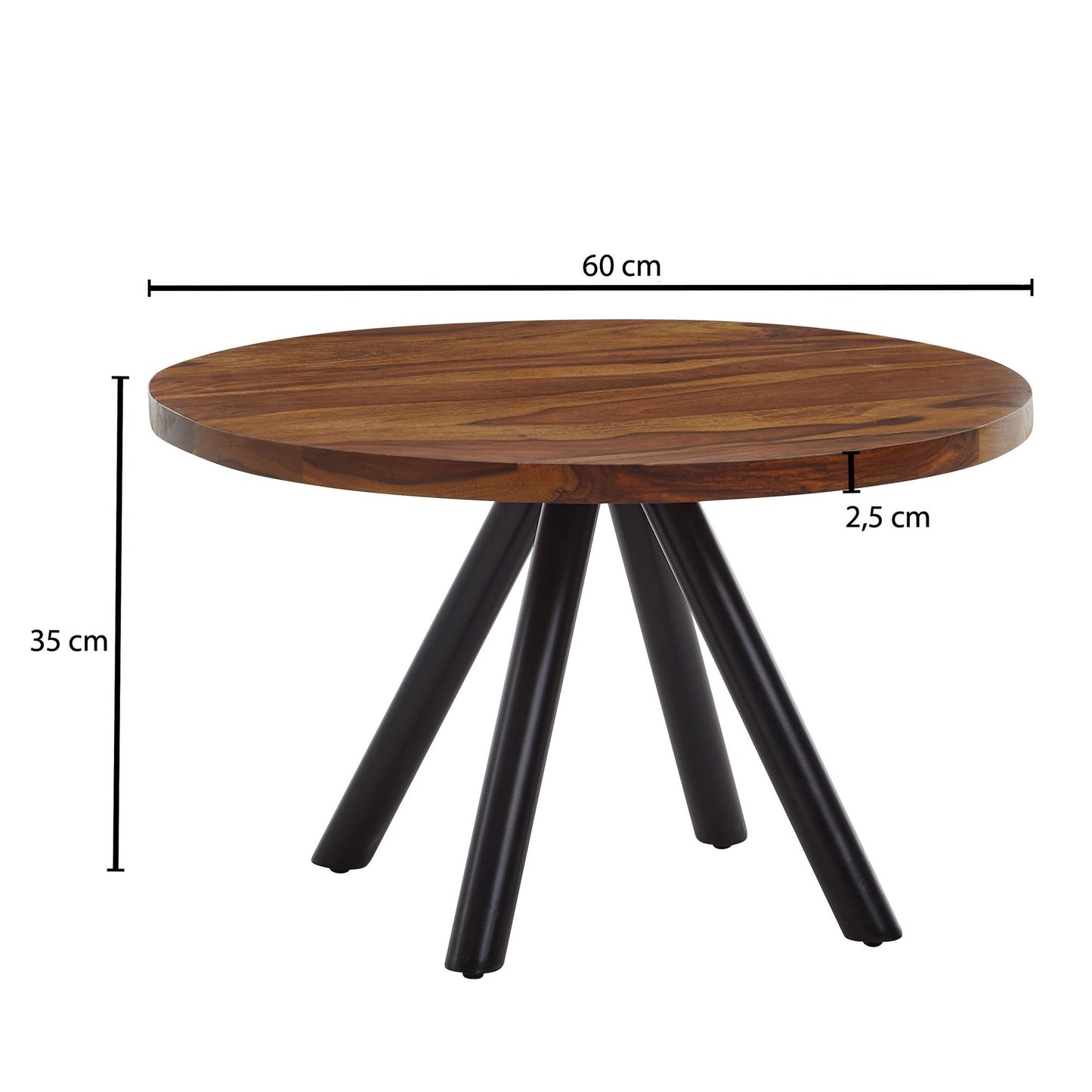 Couchtisch 60 mal 60 mal 35 cm Sheesham Massivholz Metall Sofatisch Rund Design Wohnzimmertisch Kaffeetisch Massiv Kleiner Tisch Beistelltisch Wohnzimmer Modern