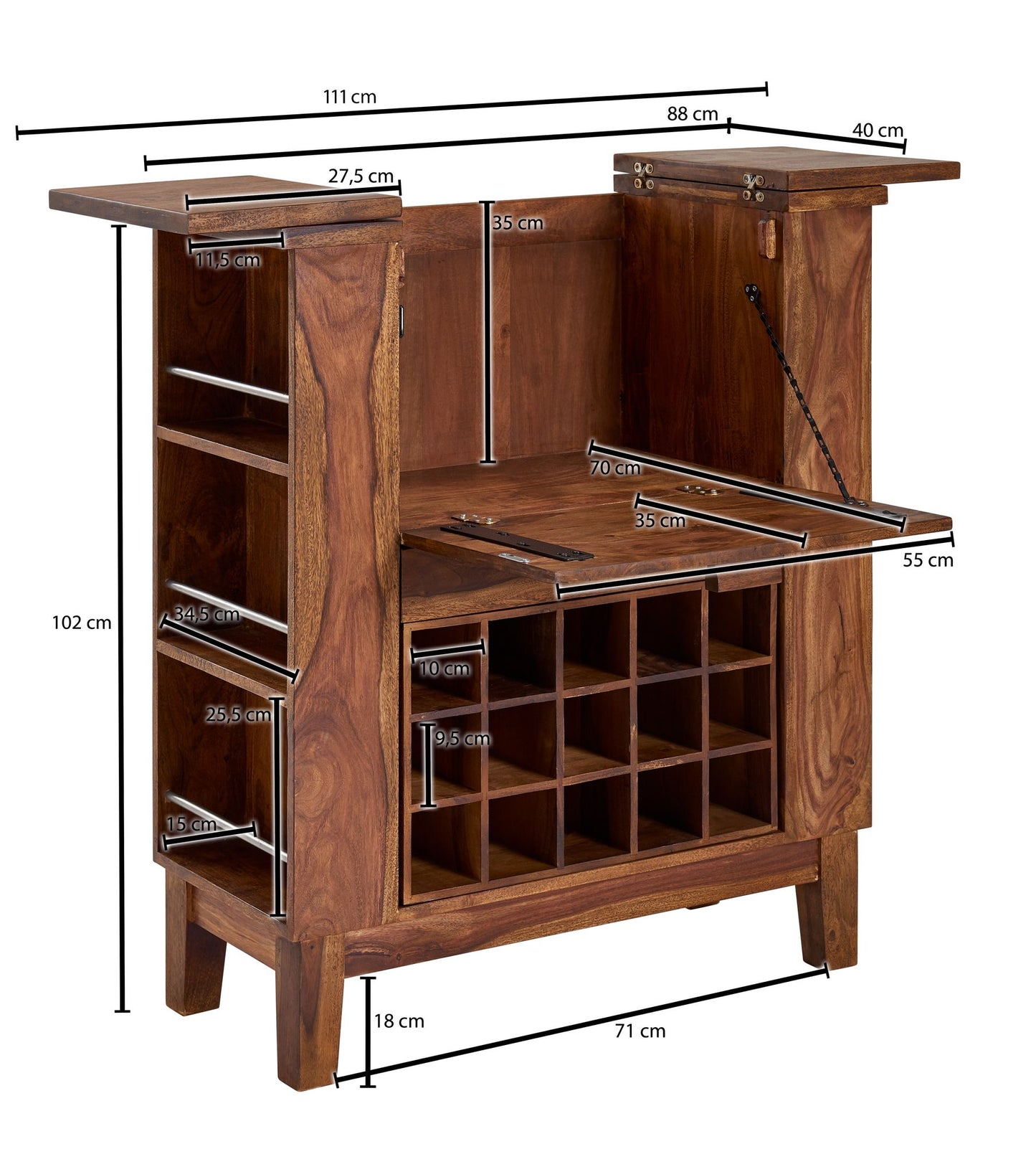 Hausbar Sheesham Massivholz 88 mal 102 mal 40 cm Weinbar ausklappbar Spirituosenschrank mit Aufbewahrung fuer Flaschen und Glaeser Barschrank mit Tuer Getraenkeschrank modern