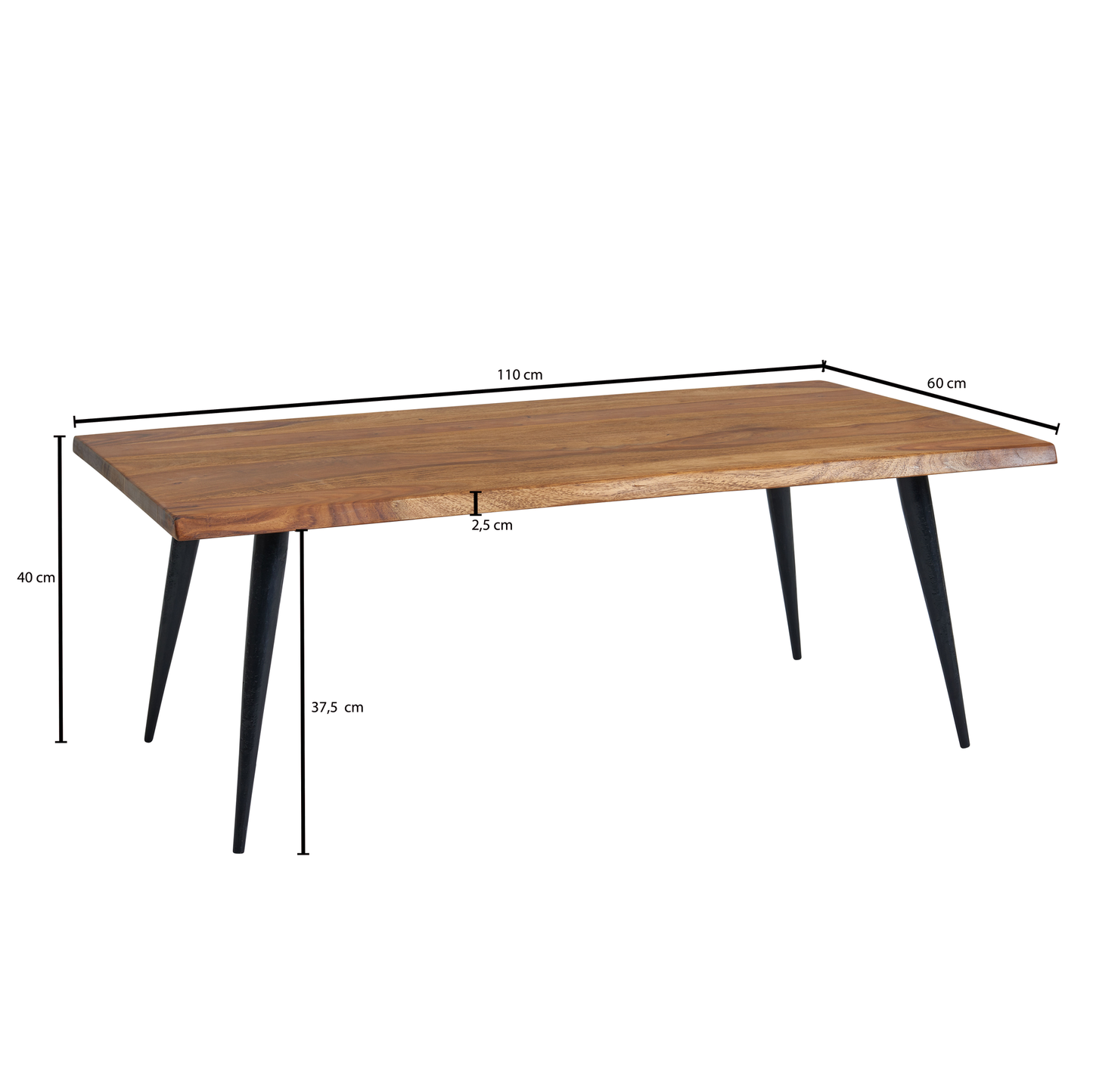 Couchtisch 110 mal 60 mal 40 cm Sheesham Massivholz Sofatisch mit Baumkante Wohnzimmertisch Kaffeetisch Eckig mit Metall Gestell Grosser Tisch Beistelltisch Wohnzimmer Modern