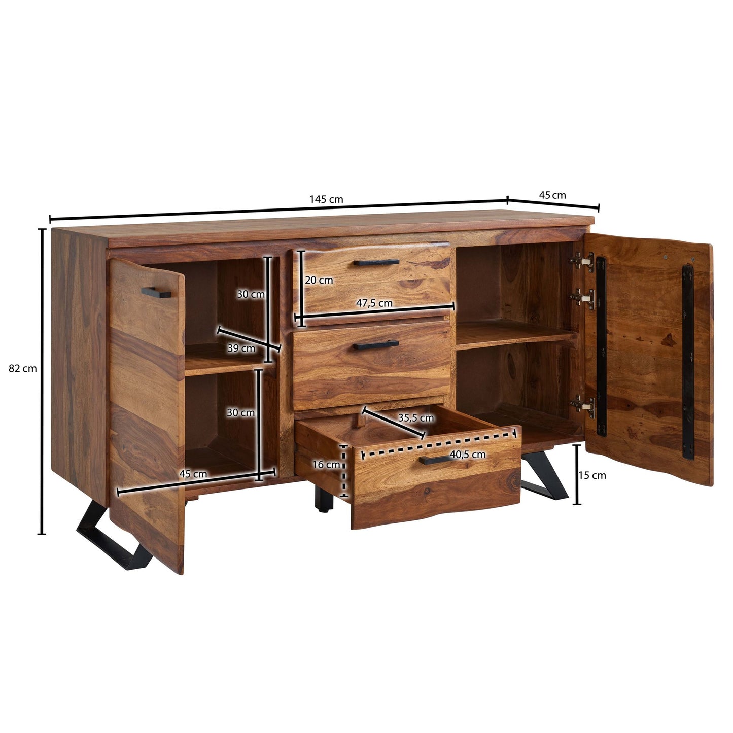 Sideboard 145 mal 82 mal 45 cm Sheesham Massivholz Metall mit Baumkante Kommode mit Schubladen Anrichte Schubladenschrank Modern