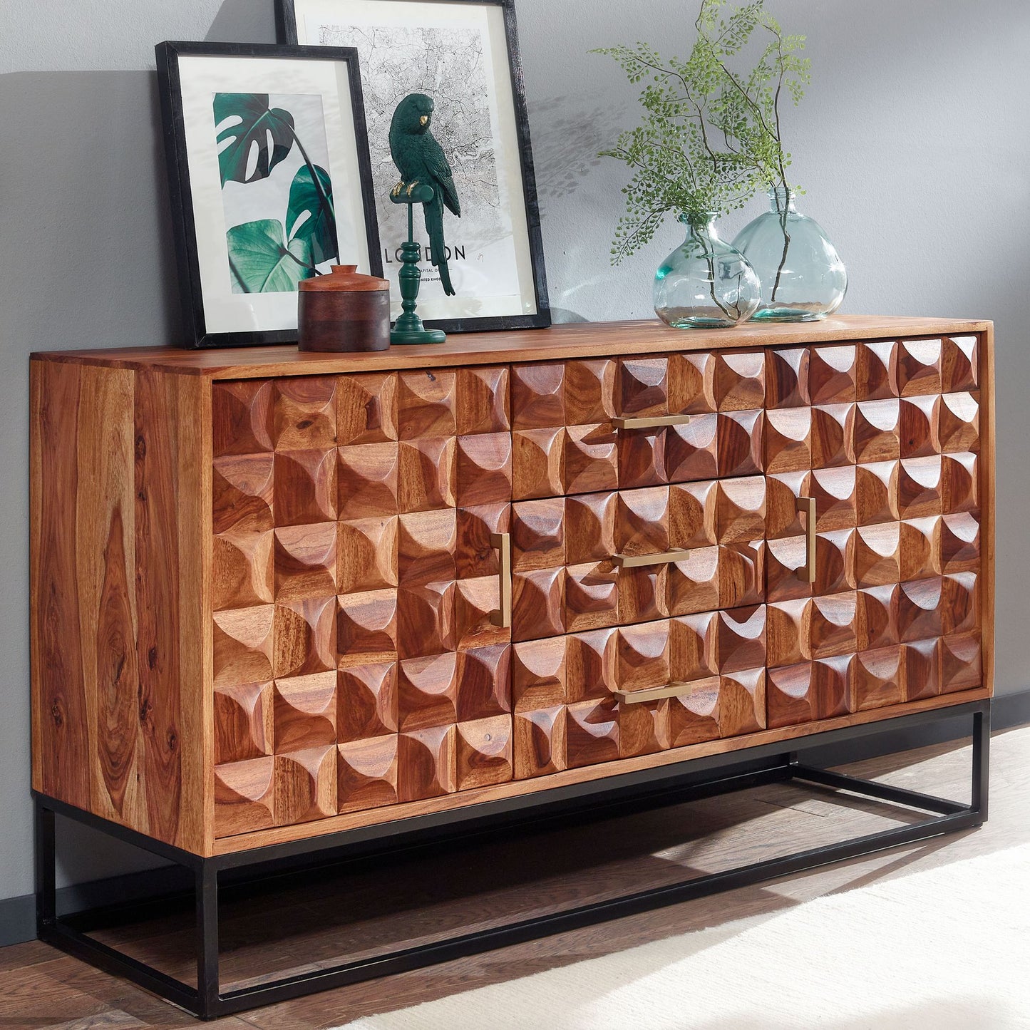 Sideboard 145 mal 81 mal 45 cm Sheesham Massivholz Metall Anrichte Kommode mit zwei Tueren Kommodenschrank Holz Industrial Standschrank Wohnzimmer mit Schubladen