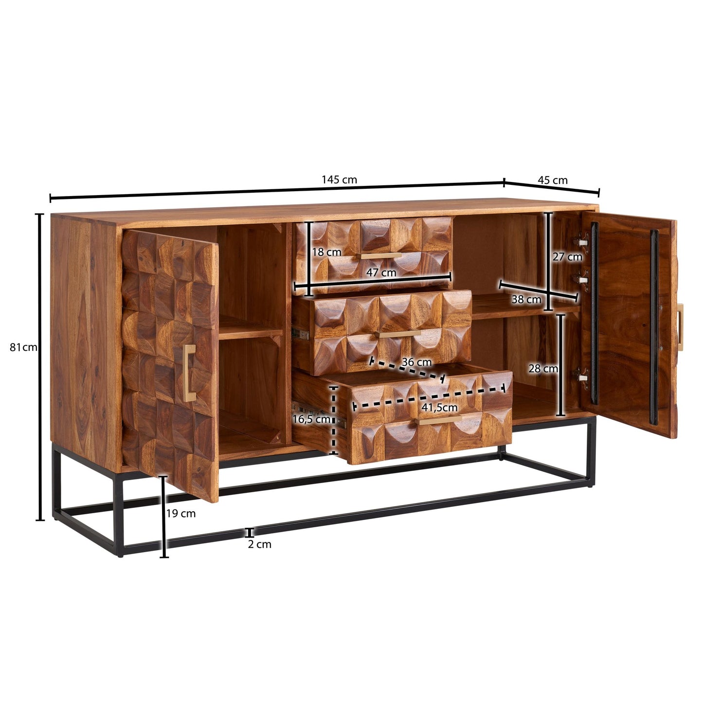 Sideboard 145 mal 81 mal 45 cm Sheesham Massivholz Metall Anrichte Kommode mit zwei Tueren Kommodenschrank Holz Industrial Standschrank Wohnzimmer mit Schubladen