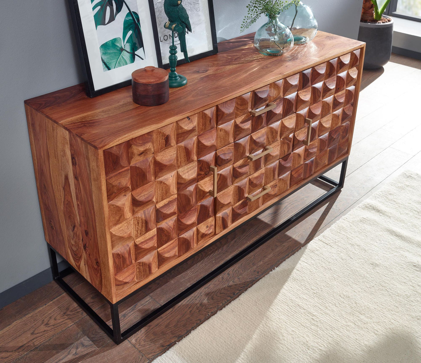 Sideboard 145 mal 81 mal 45 cm Sheesham Massivholz Metall Anrichte Kommode mit zwei Tueren Kommodenschrank Holz Industrial Standschrank Wohnzimmer mit Schubladen