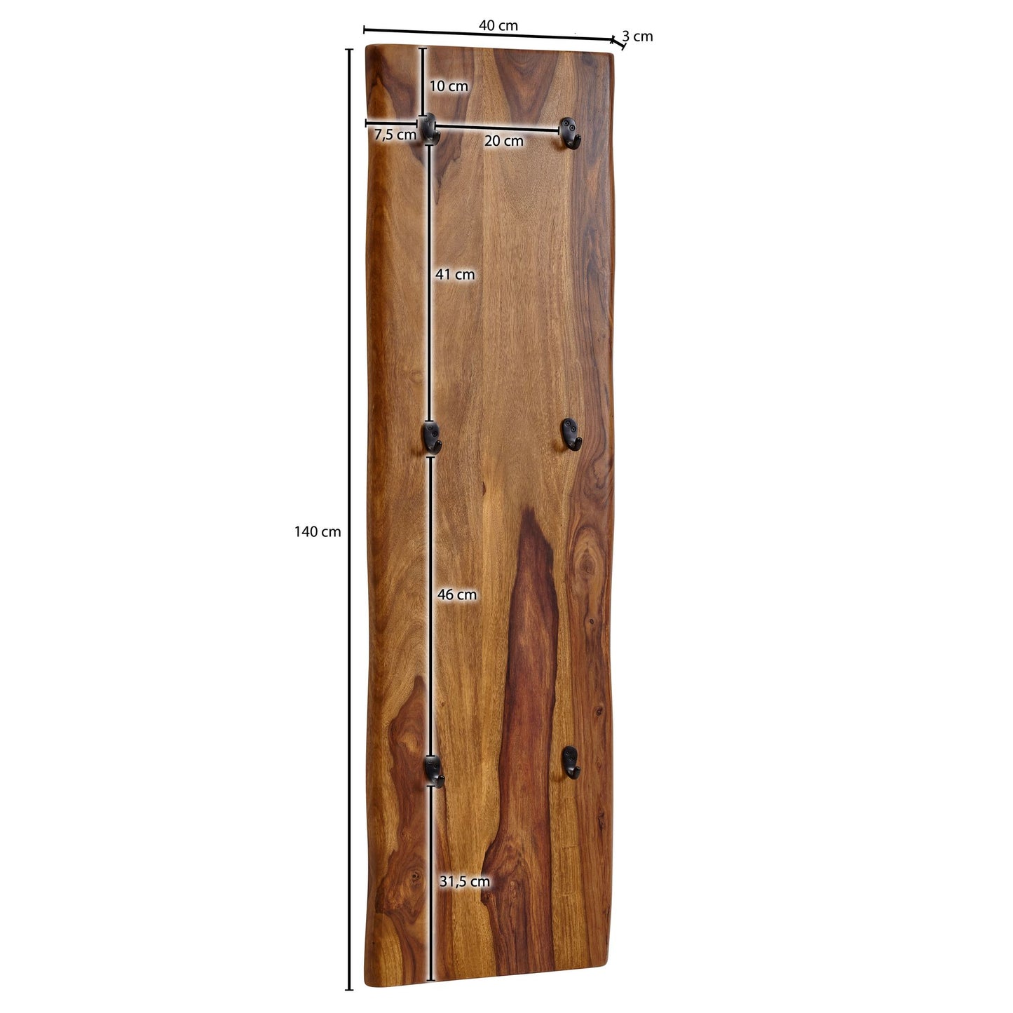 Wandgarderobe Sheesham Massivholz Metall 40 mal 140 mal 7 cm mit Baumkante Design Hakenleiste 2 Reihig Flurgarderobe Wand Garderobe Holz