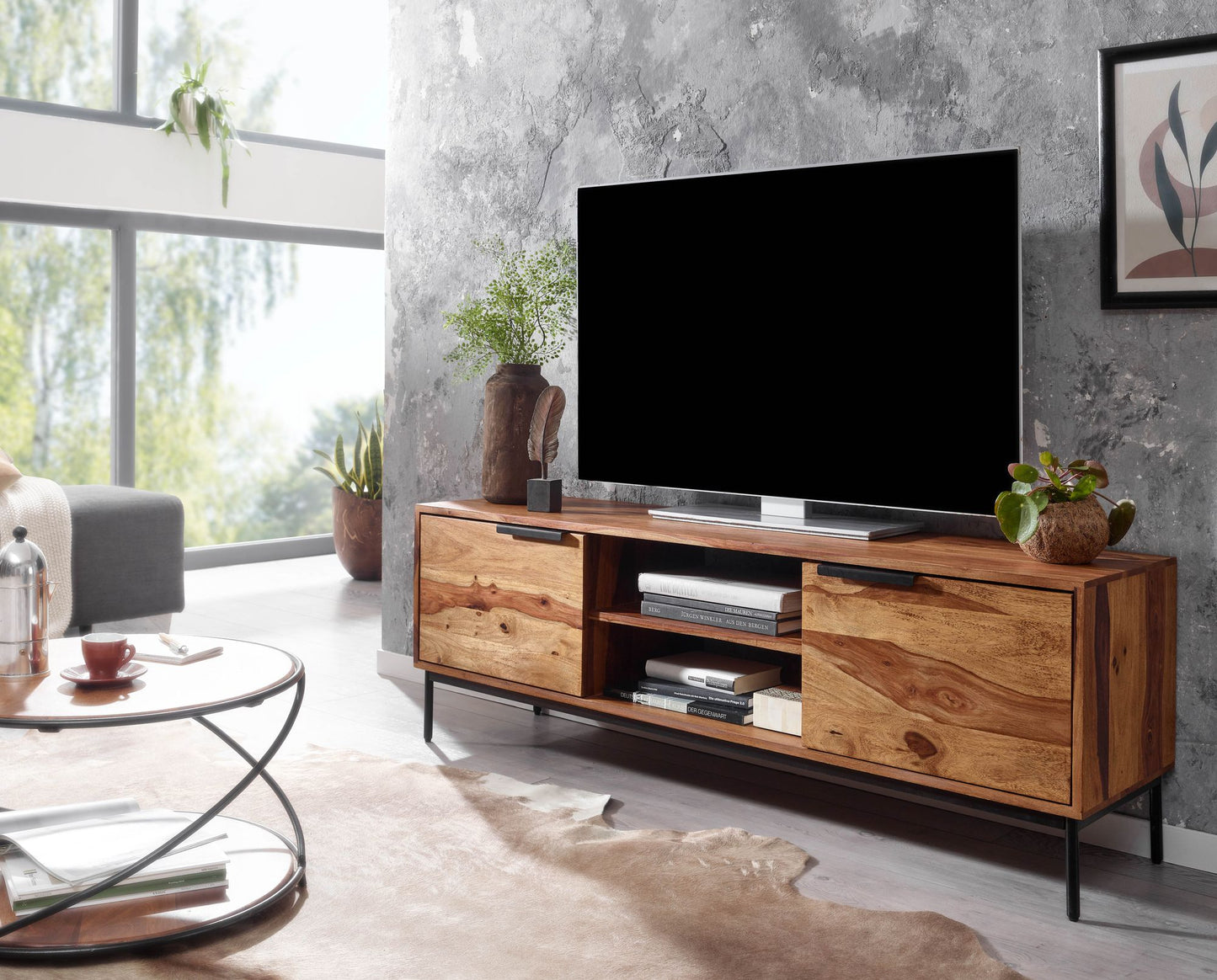 Lowboard Sheesham Massivholz 147 mal 51 mal 38 cm TV Kommode mit zwei Tueren Design TV Schrank Hoch Fernsehtisch Fernsehschrank Modern Fernsehkommode Wohnzimmer