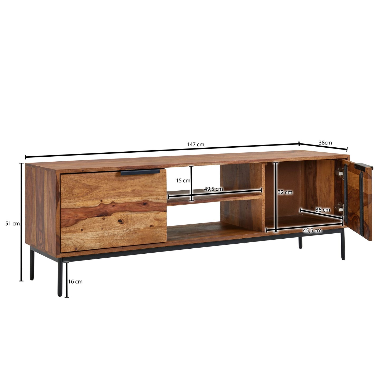 Lowboard Sheesham Massivholz 147 mal 51 mal 38 cm TV Kommode mit zwei Tueren Design TV Schrank Hoch Fernsehtisch Fernsehschrank Modern Fernsehkommode Wohnzimmer