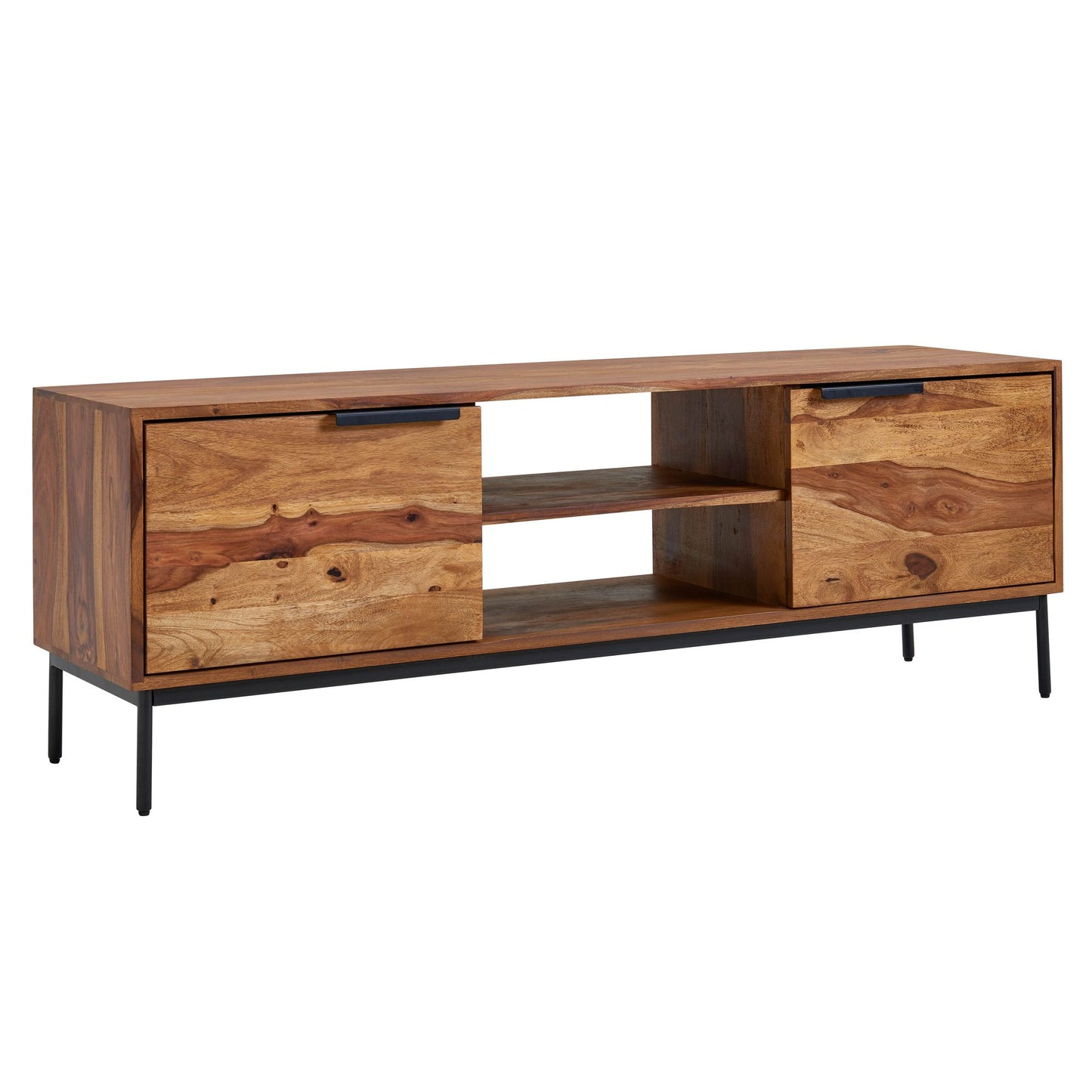 Lowboard Sheesham Massivholz 147 mal 51 mal 38 cm TV Kommode mit zwei Tueren Design TV Schrank Hoch Fernsehtisch Fernsehschrank Modern Fernsehkommode Wohnzimmer