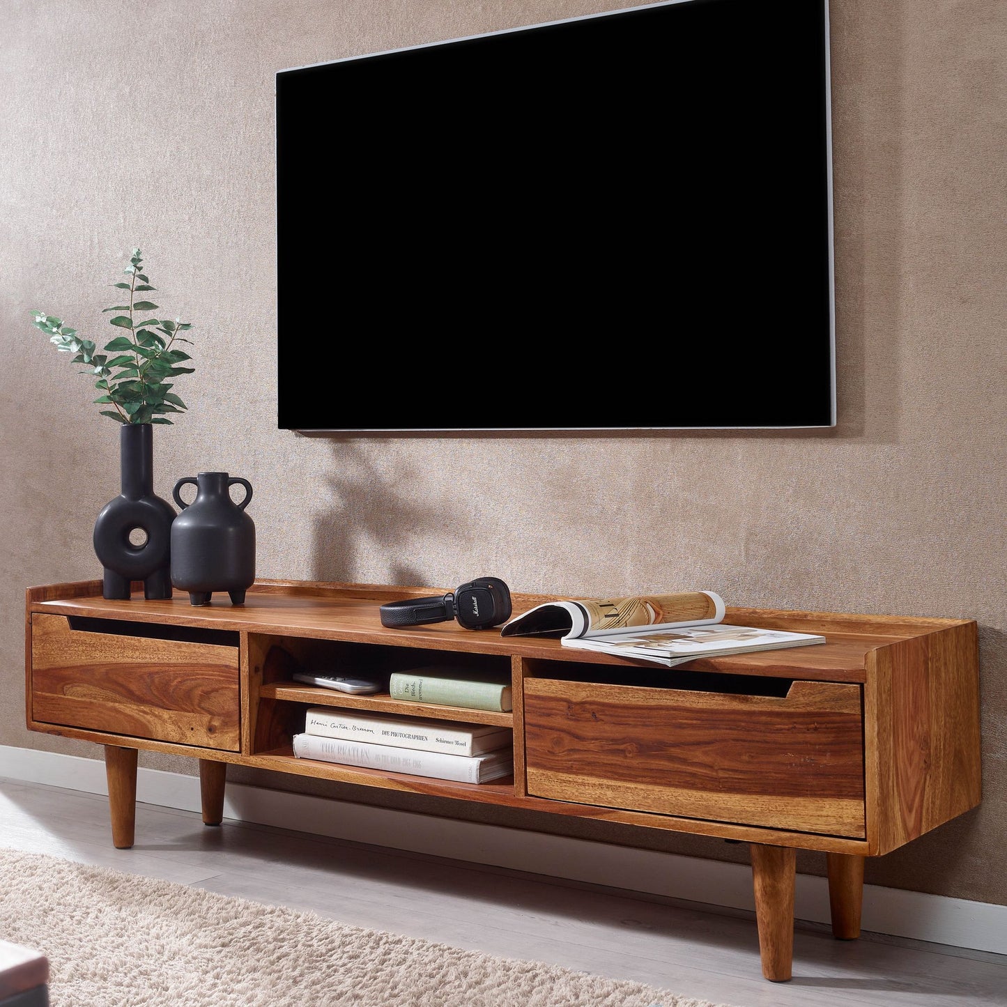 Lowboard Sheesham Massivholz 145 mal 43 mal 35 cm TV Kommode mit zwei Tueren Design TV Schrank Hoch Fernsehtisch Fernsehschrank Modern Fernsehkommode Wohnzimmer