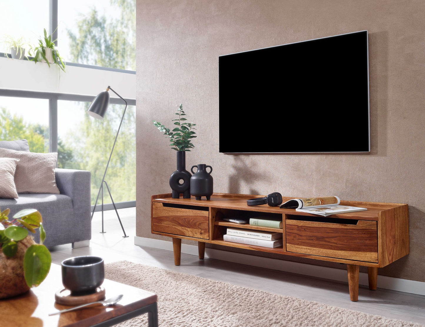 Lowboard Sheesham Massivholz 145 mal 43 mal 35 cm TV Kommode mit zwei Tueren Design TV Schrank Hoch Fernsehtisch Fernsehschrank Modern Fernsehkommode Wohnzimmer