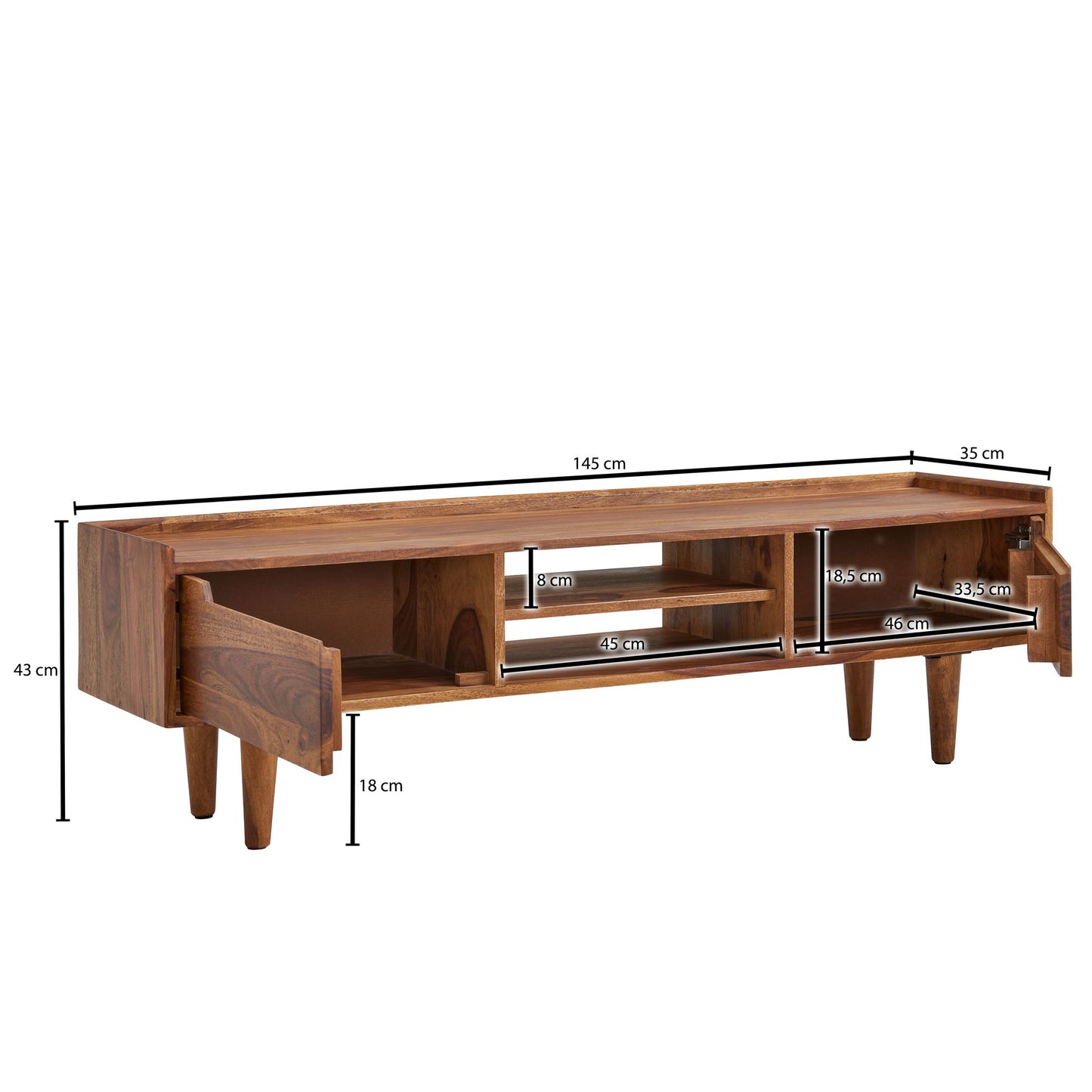 Lowboard Sheesham Massivholz 145 mal 43 mal 35 cm TV Kommode mit zwei Tueren Design TV Schrank Hoch Fernsehtisch Fernsehschrank Modern Fernsehkommode Wohnzimmer