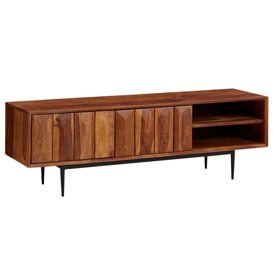 Lowboard Sheesham Massivholz 123 mal 42 mal 35 cm TV Kommode mit zwei Tueren Design TV Schrank Hoch Fernsehtisch Fernsehschrank Modern Fernsehkommode Wohnzimmer