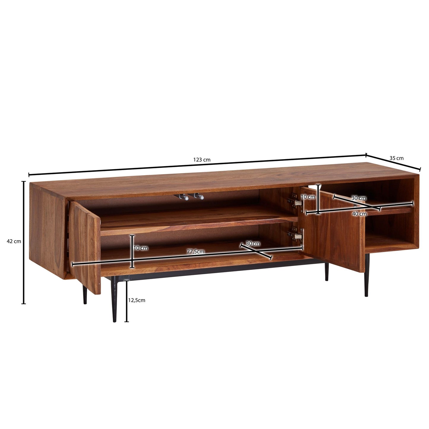 Lowboard Sheesham Massivholz 123 mal 42 mal 35 cm TV Kommode mit zwei Tueren Design TV Schrank Hoch Fernsehtisch Fernsehschrank Modern Fernsehkommode Wohnzimmer