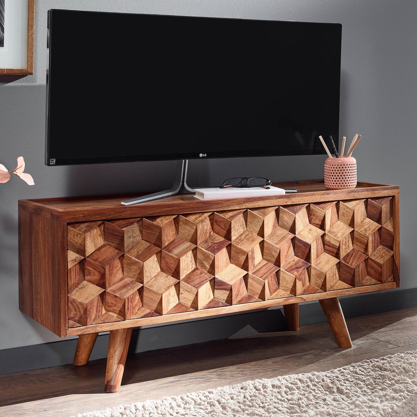 Lowboard Sheesham Massivholz 92 mal 44 mal 35 cm TV Kommode mit Klapptuer Design TV Schrank Hoch Fernsehtisch Fernsehschrank Modern Fernsehkommode Wohnzimmer