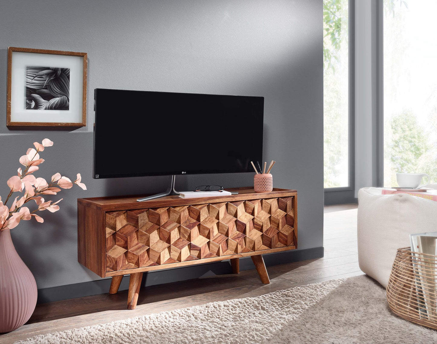 Lowboard Sheesham Massivholz 92 mal 44 mal 35 cm TV Kommode mit Klapptuer Design TV Schrank Hoch Fernsehtisch Fernsehschrank Modern Fernsehkommode Wohnzimmer