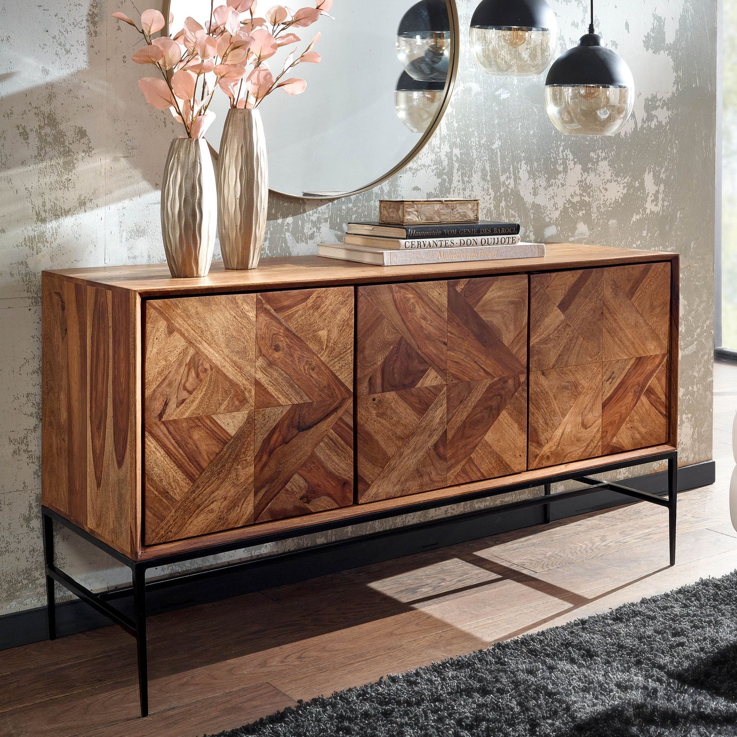 Sideboard 123 mal 70 mal 45 cm Sheesham Massivholz Metall Anrichte mit Tueren Industrial Kommode Kommodenschrank Holz Modern Standschrank Wohnzimmer