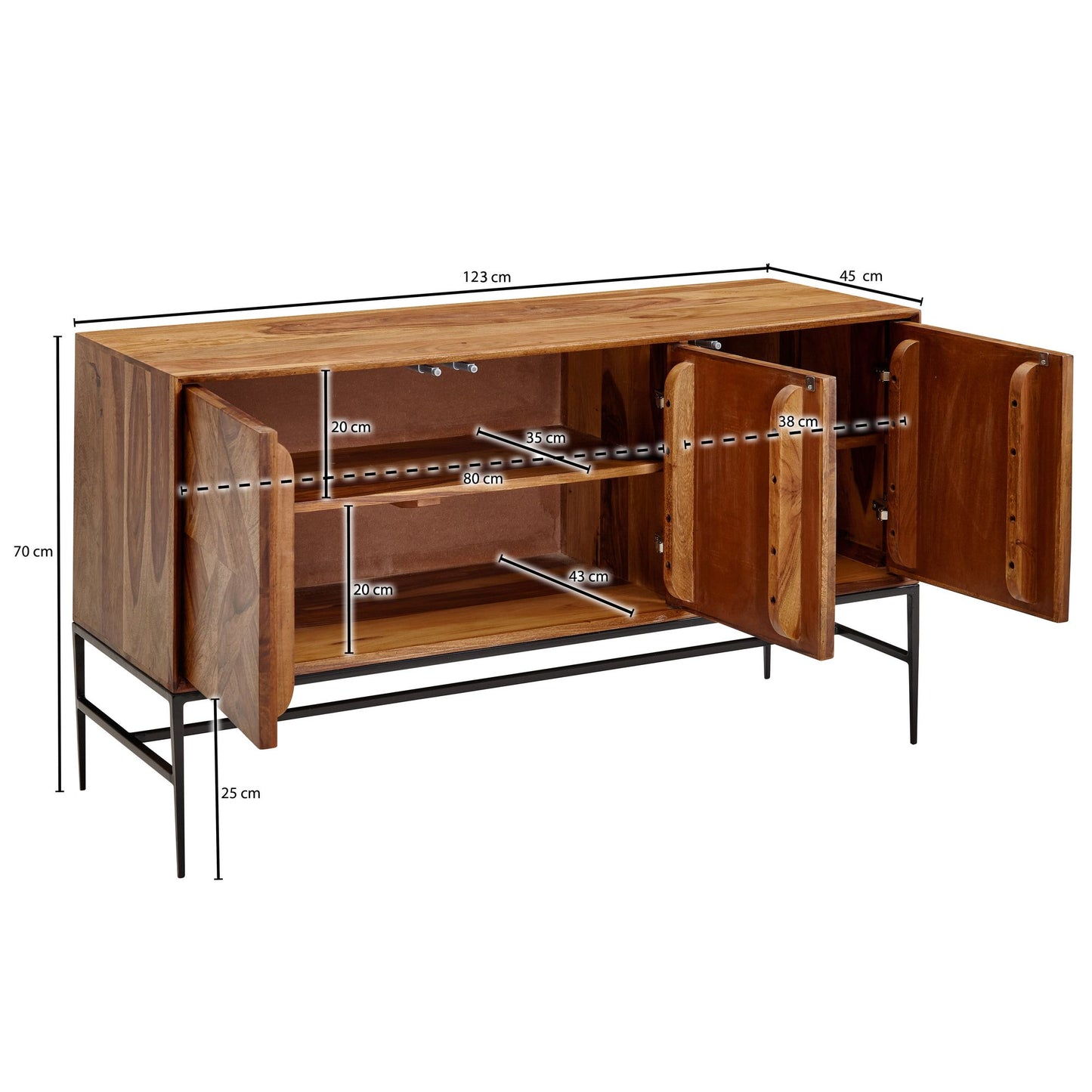 Sideboard 123 mal 70 mal 45 cm Sheesham Massivholz Metall Anrichte mit Tueren Industrial Kommode Kommodenschrank Holz Modern Standschrank Wohnzimmer