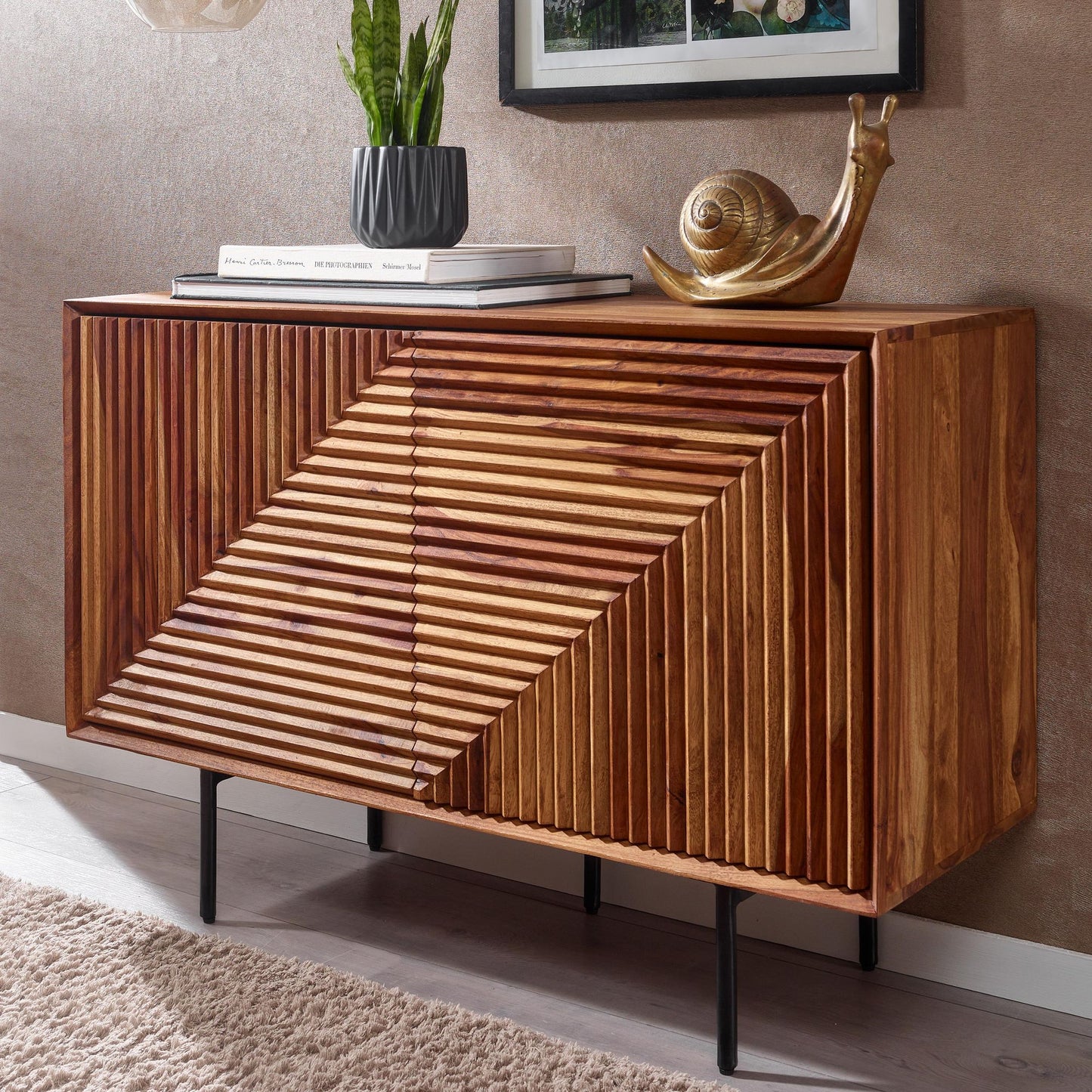 Sideboard 100 mal 71 mal 40 cm Sheesham Massivholz Metall Anrichte Kommode mit zwei Tueren Kommodenschrank Holz Modern Standschrank Wohnzimmer