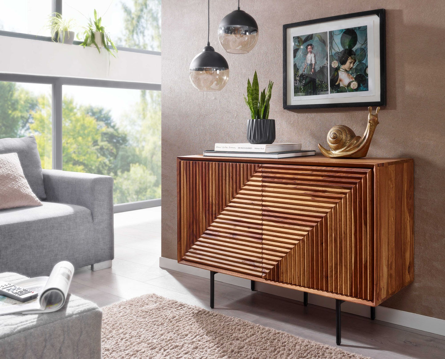 Sideboard 100 mal 71 mal 40 cm Sheesham Massivholz Metall Anrichte Kommode mit zwei Tueren Kommodenschrank Holz Modern Standschrank Wohnzimmer