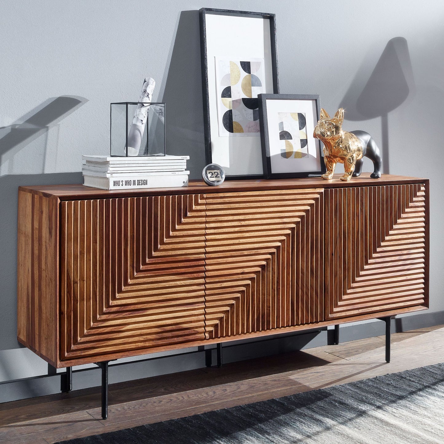 Sideboard 148 mal 72 mal 40 cm Sheesham Massivholz Metall Anrichte Kommode mit drei Tueren Kommodenschrank Holz Modern Standschrank Wohnzimmer