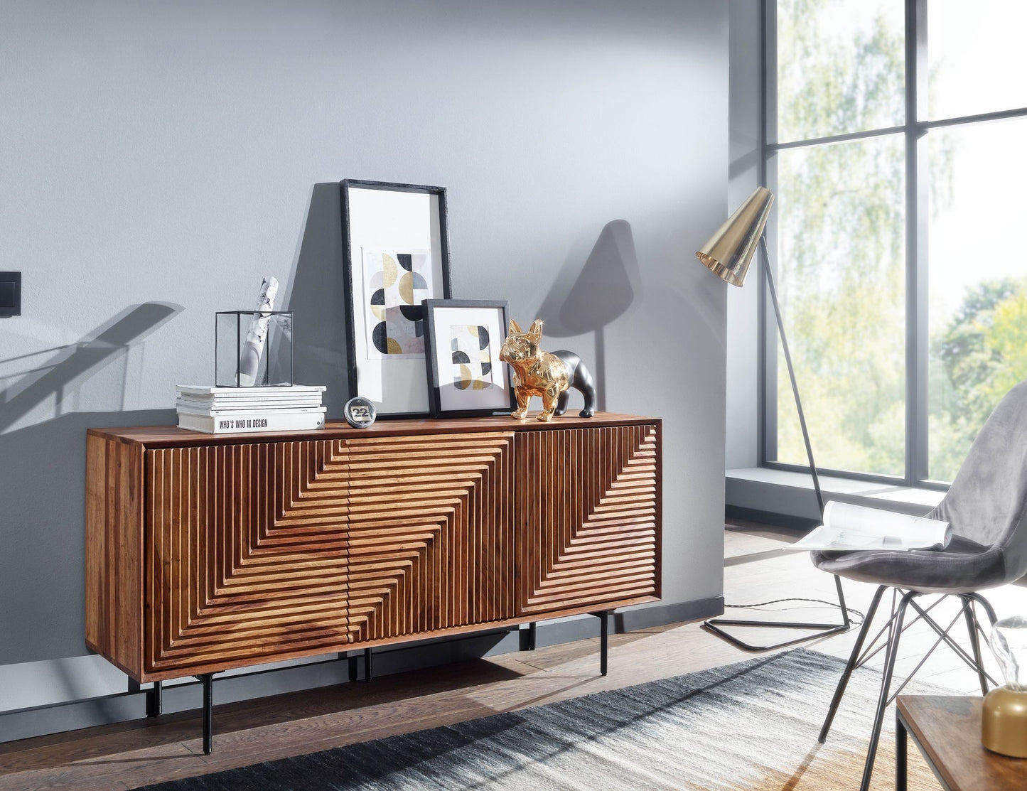 Sideboard 148 mal 72 mal 40 cm Sheesham Massivholz Metall Anrichte Kommode mit drei Tueren Kommodenschrank Holz Modern Standschrank Wohnzimmer