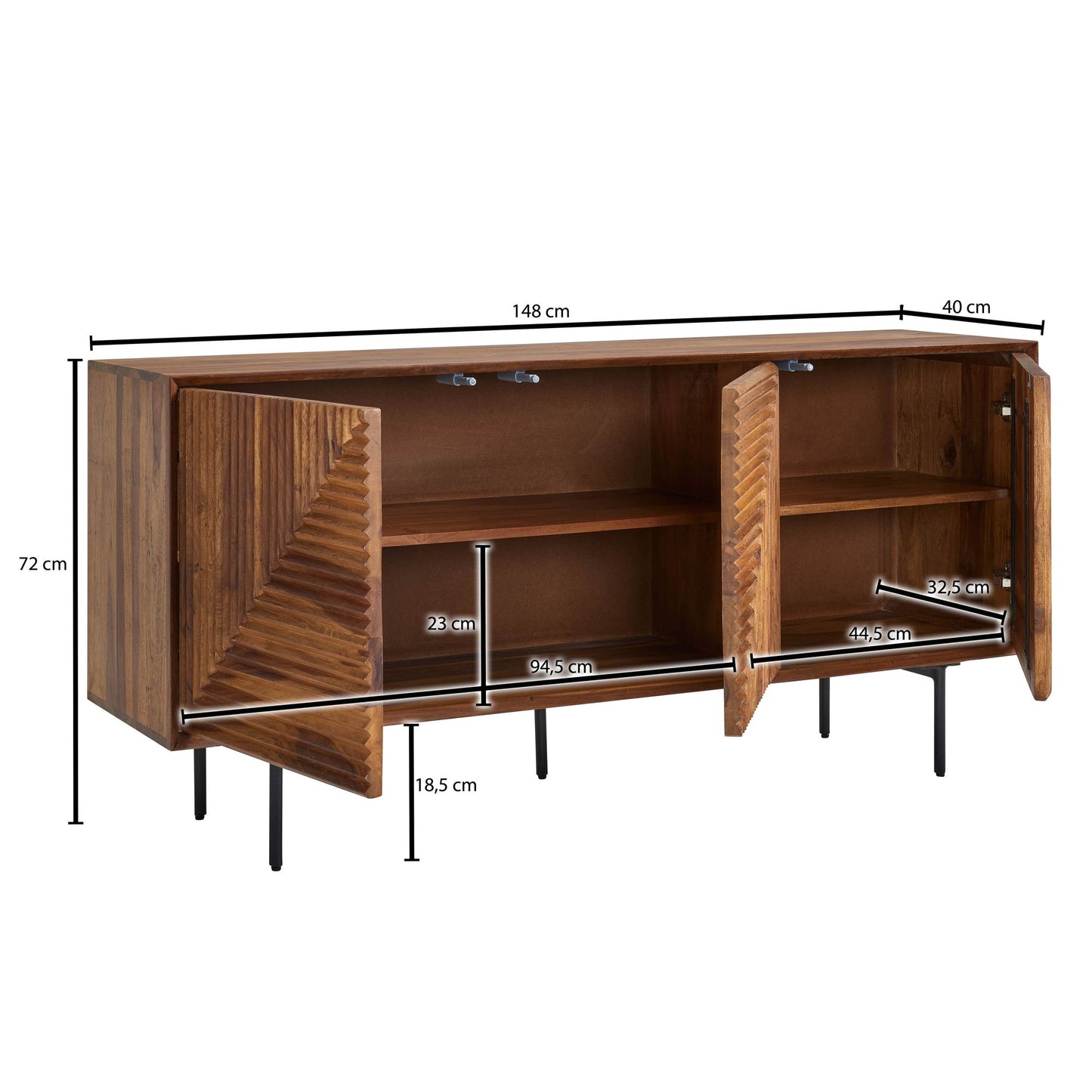 Sideboard 148 mal 72 mal 40 cm Sheesham Massivholz Metall Anrichte Kommode mit drei Tueren Kommodenschrank Holz Modern Standschrank Wohnzimmer