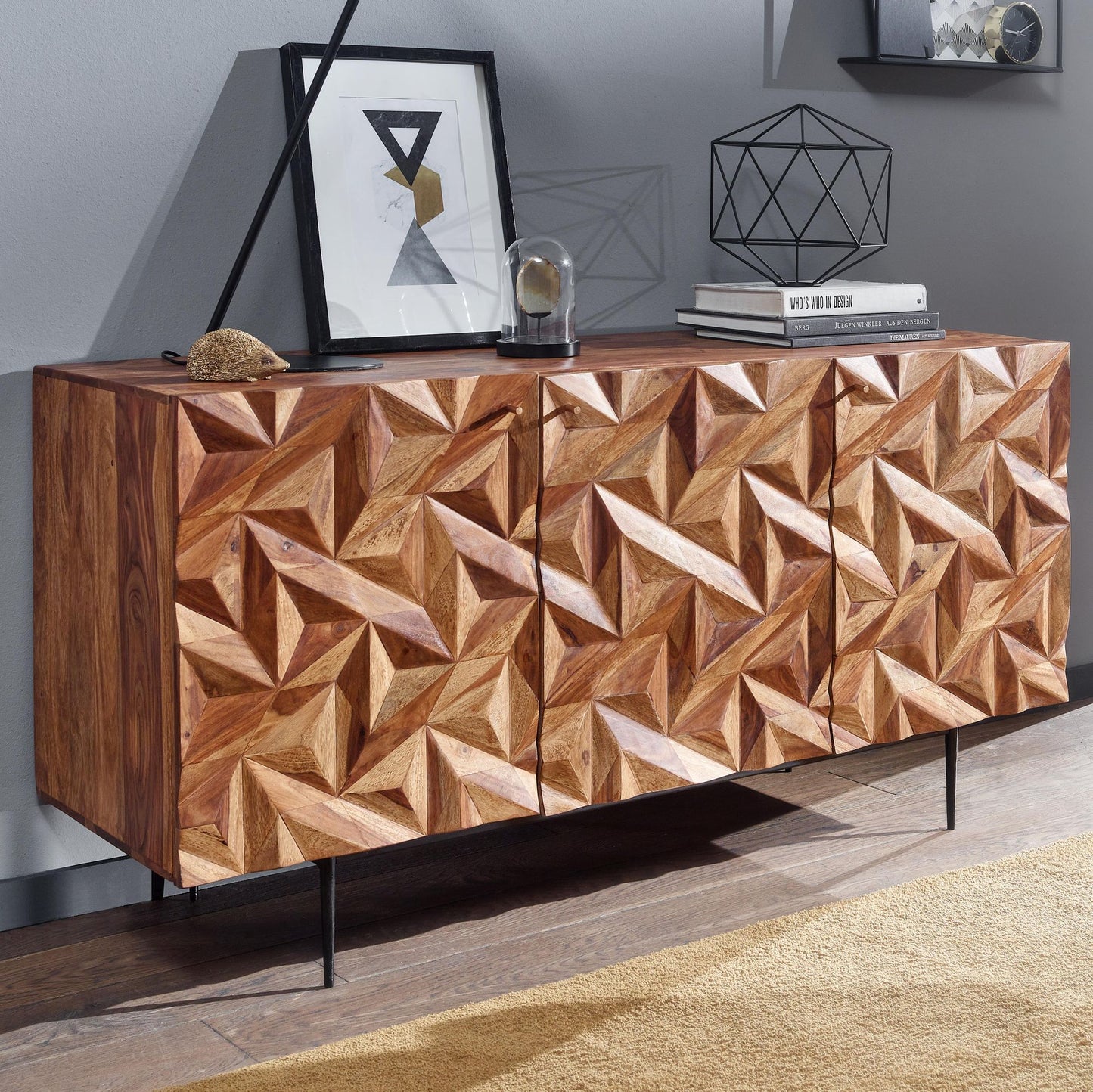 Sideboard 144 mal 72 mal 47 cm Sheesham Massivholz Metall Anrichte Kommode mit drei Tueren Kommodenschrank Holz Modern Standschrank Wohnzimmer