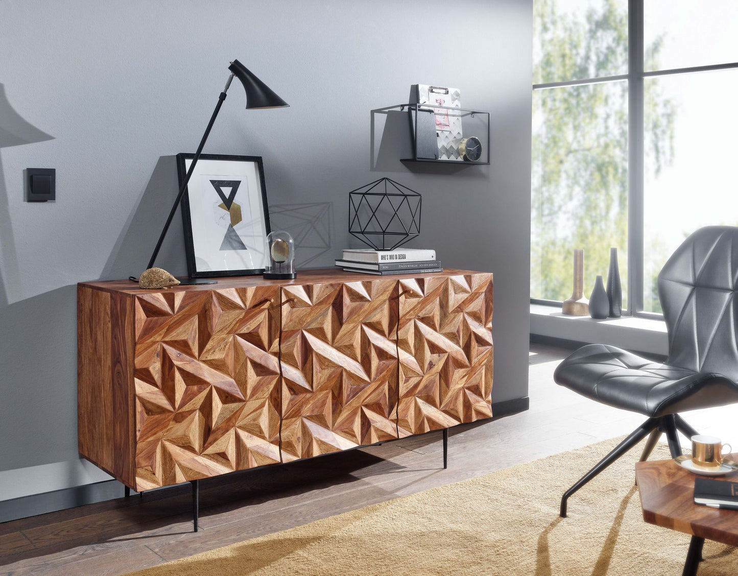 Sideboard 144 mal 72 mal 47 cm Sheesham Massivholz Metall Anrichte Kommode mit drei Tueren Kommodenschrank Holz Modern Standschrank Wohnzimmer