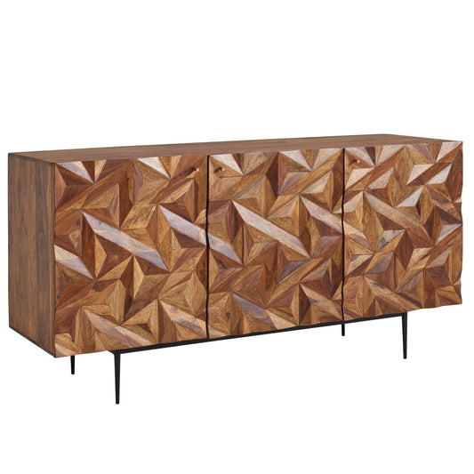 Sideboard 144 mal 72 mal 47 cm Sheesham Massivholz Metall Anrichte Kommode mit drei Tueren Kommodenschrank Holz Modern Standschrank Wohnzimmer