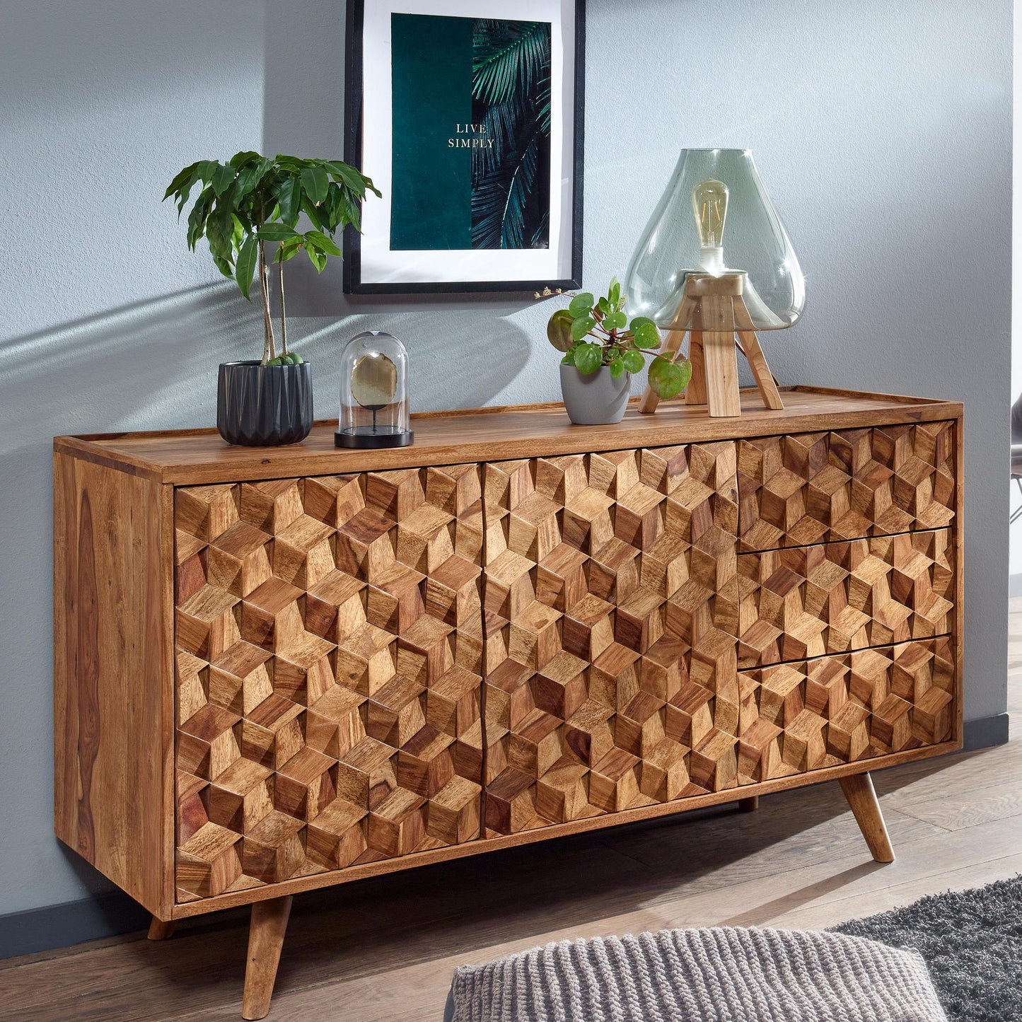 Sideboard 138 mal 76 mal 45 cm Sheesham Massivholz Anrichte mit Tueren und Schubladen Kommode Kommodenschrank Holz Modern Standschrank Wohnzimmer